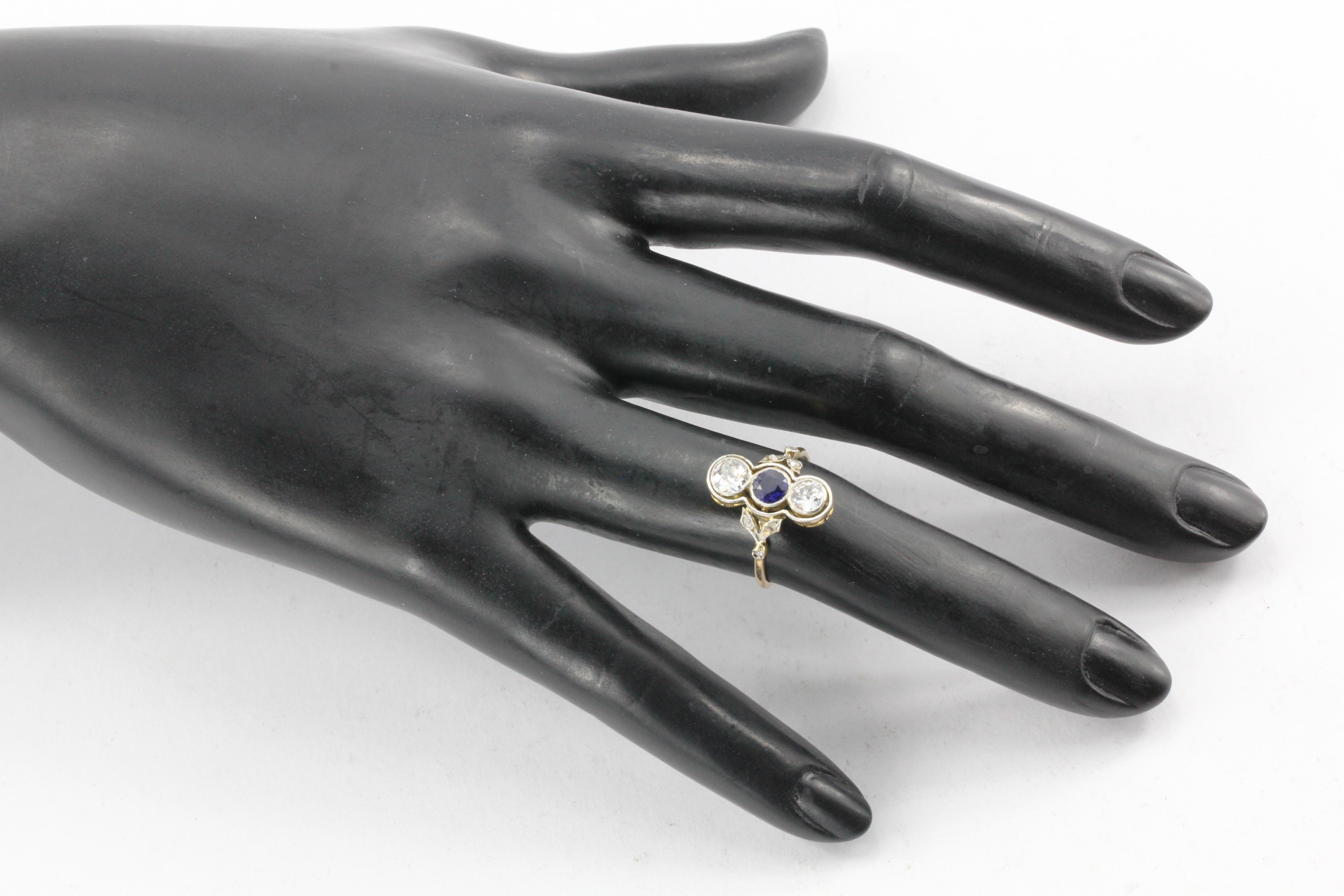 Edwardian 18K Yellow Gold Platinum Top Diamond and Sapphire Three Stone Ring - Queen May