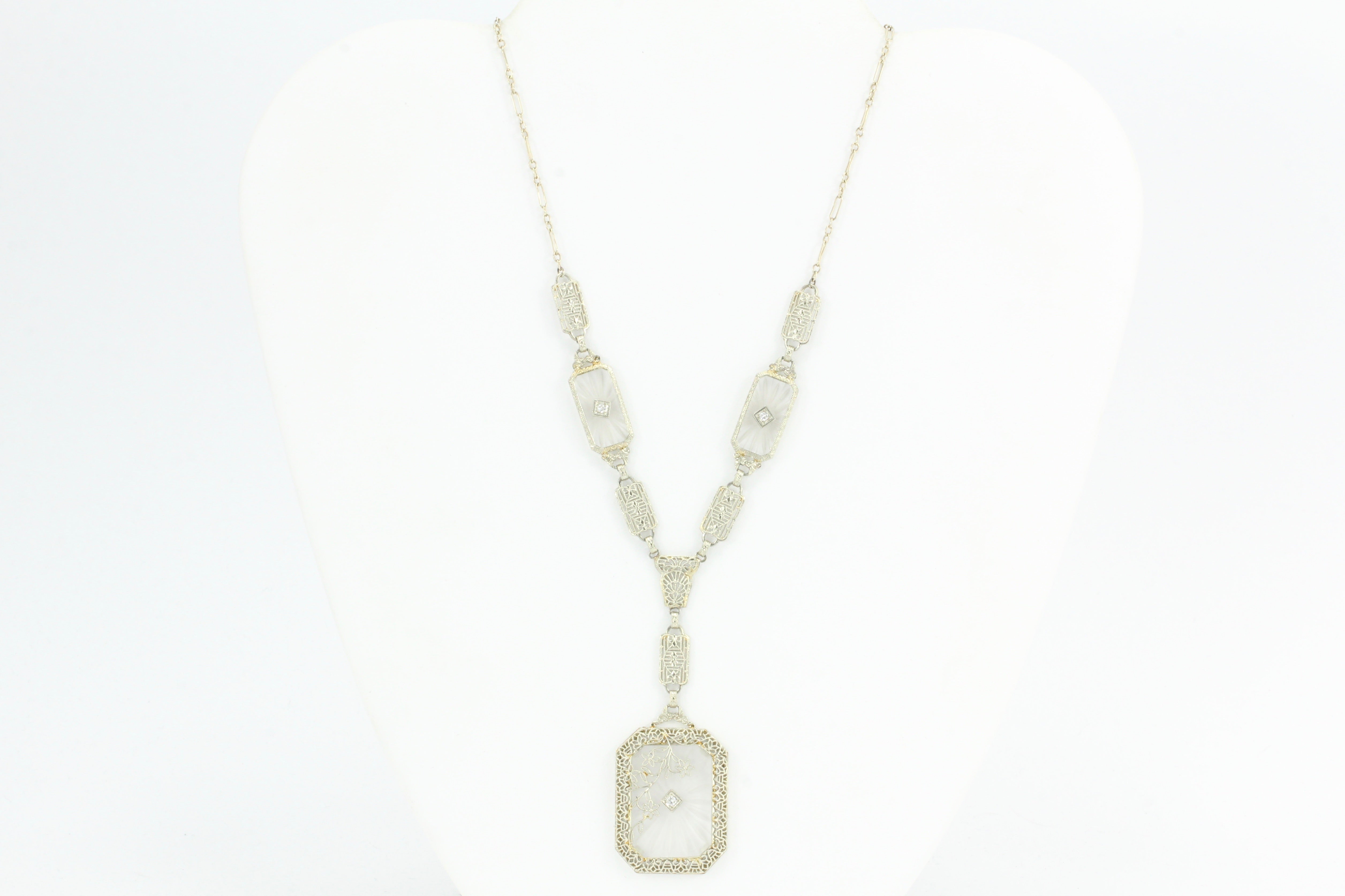 Art Deco 14K White Gold Rock Crystal Diamond Filigree Necklace c.1920's - Queen May