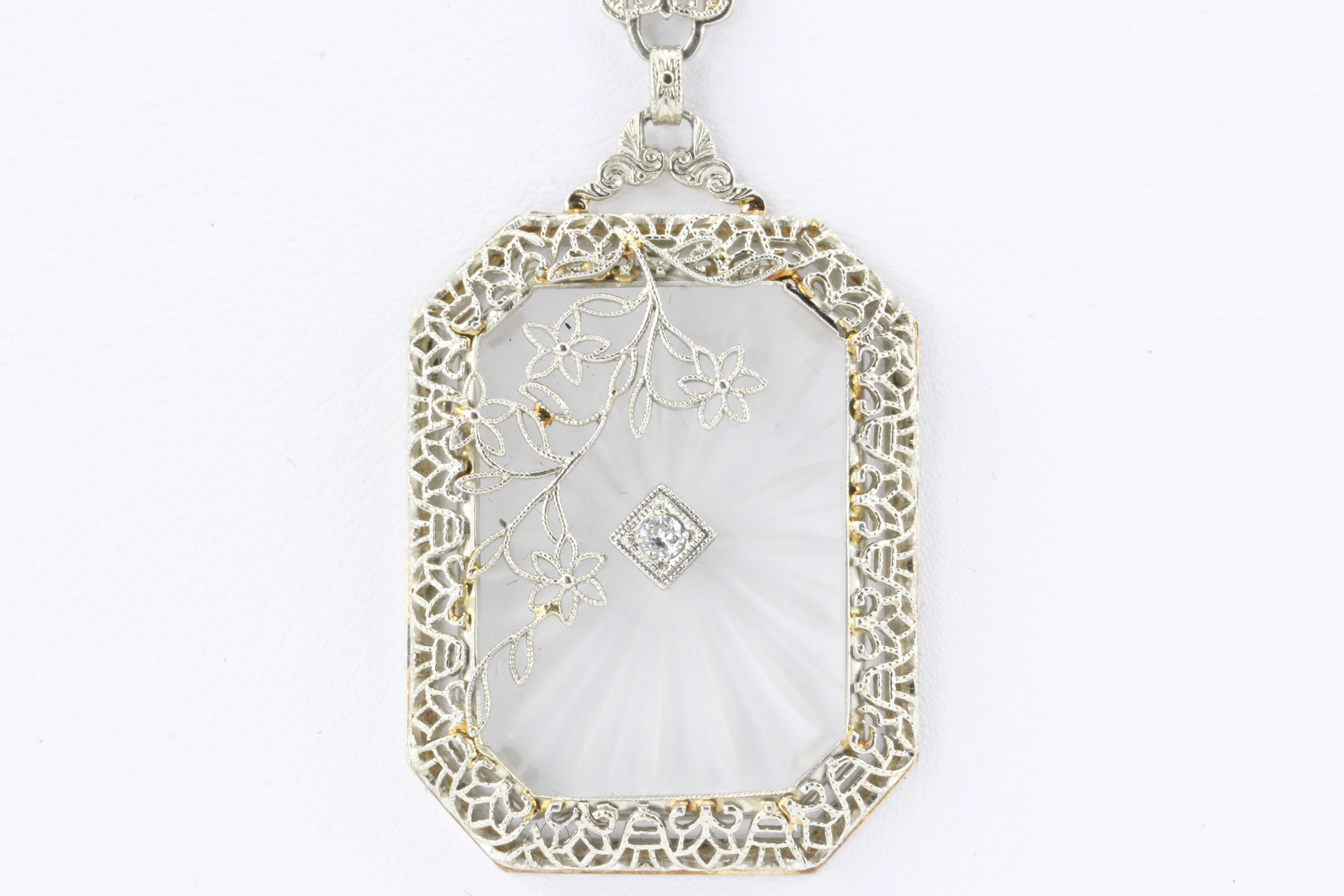 Art Deco 14K White Gold Rock Crystal Diamond Filigree Necklace c.1920's - Queen May