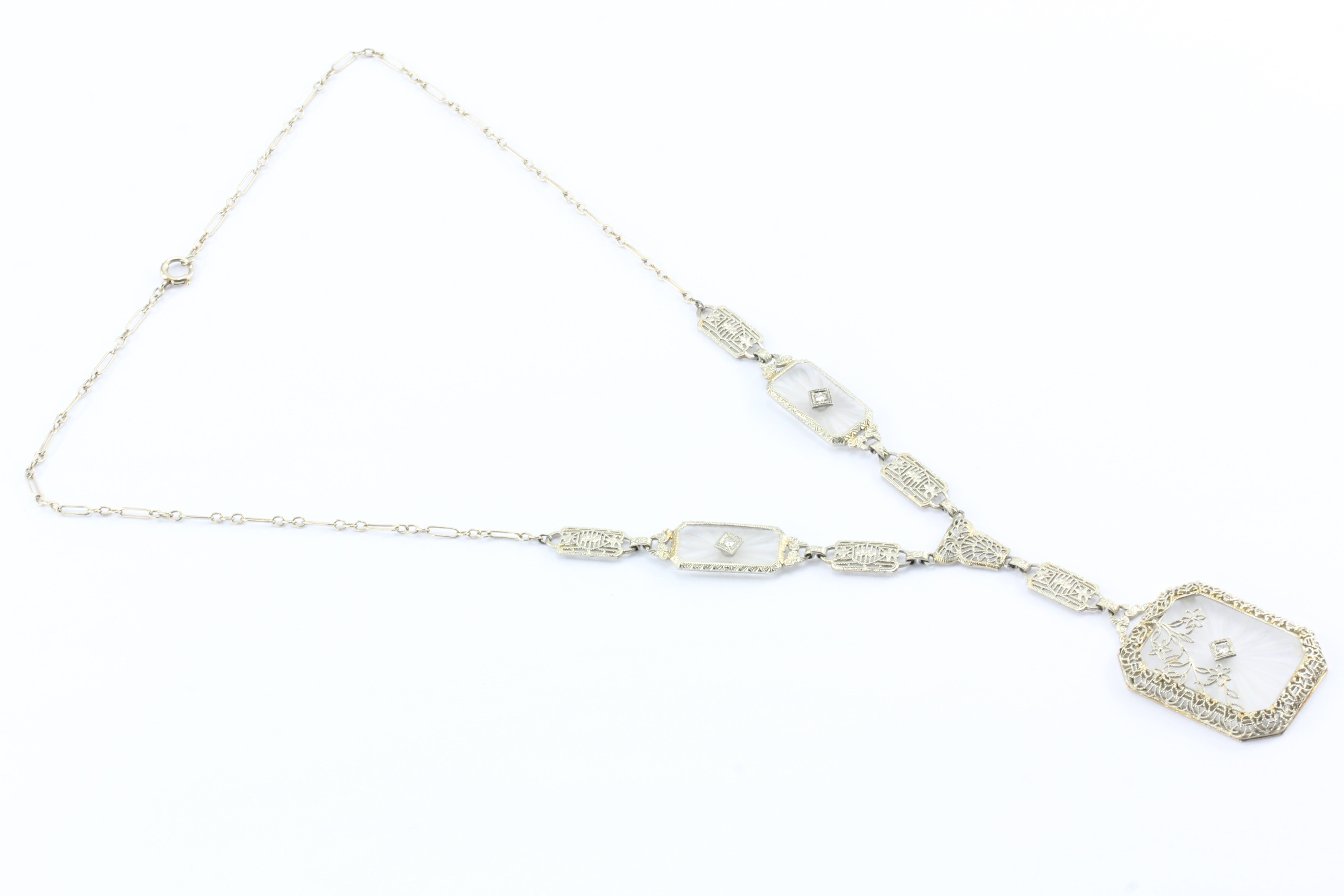 Art Deco 14K White Gold Rock Crystal Diamond Filigree Necklace c.1920's - Queen May