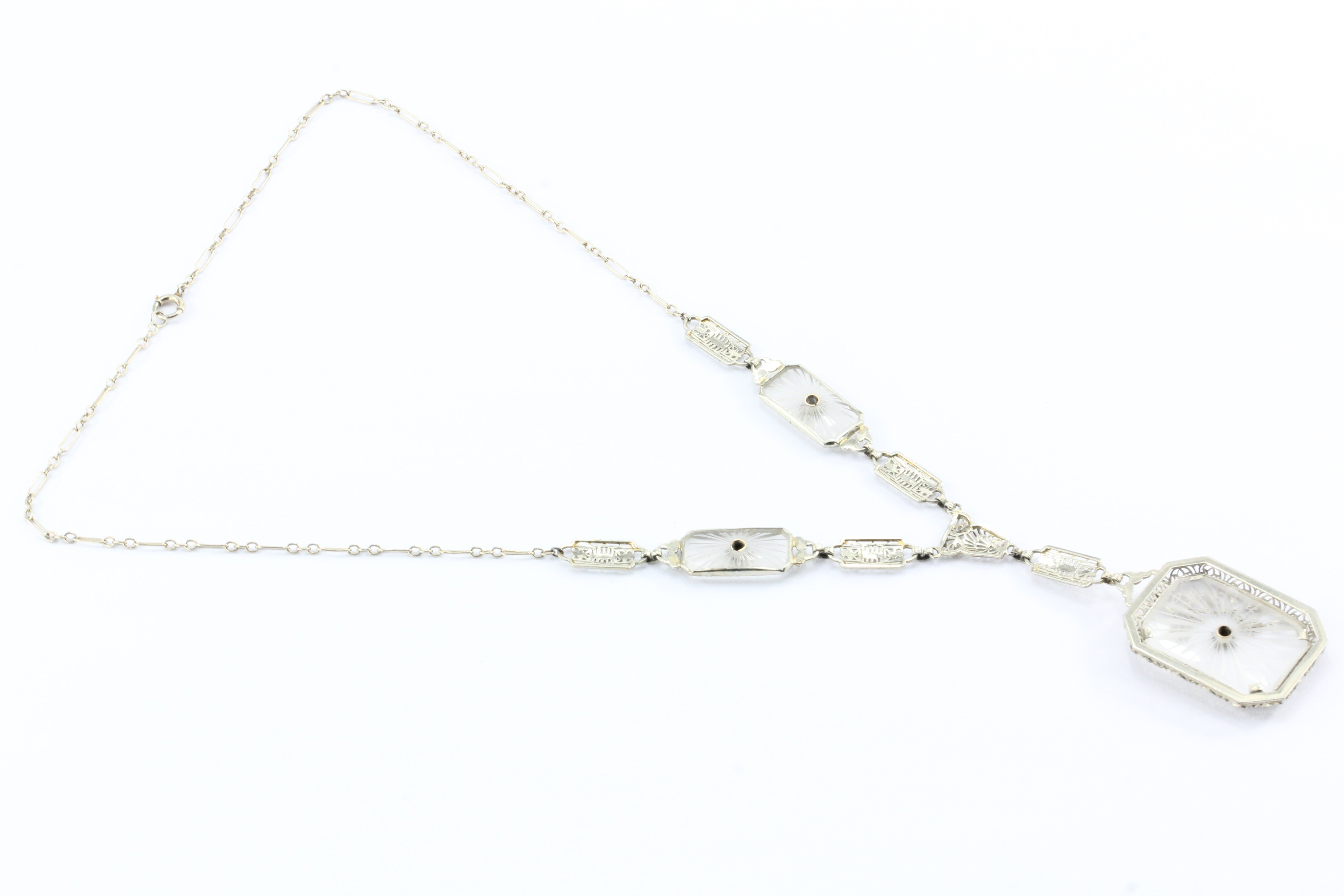Art Deco 14K White Gold Rock Crystal Diamond Filigree Necklace c.1920's - Queen May