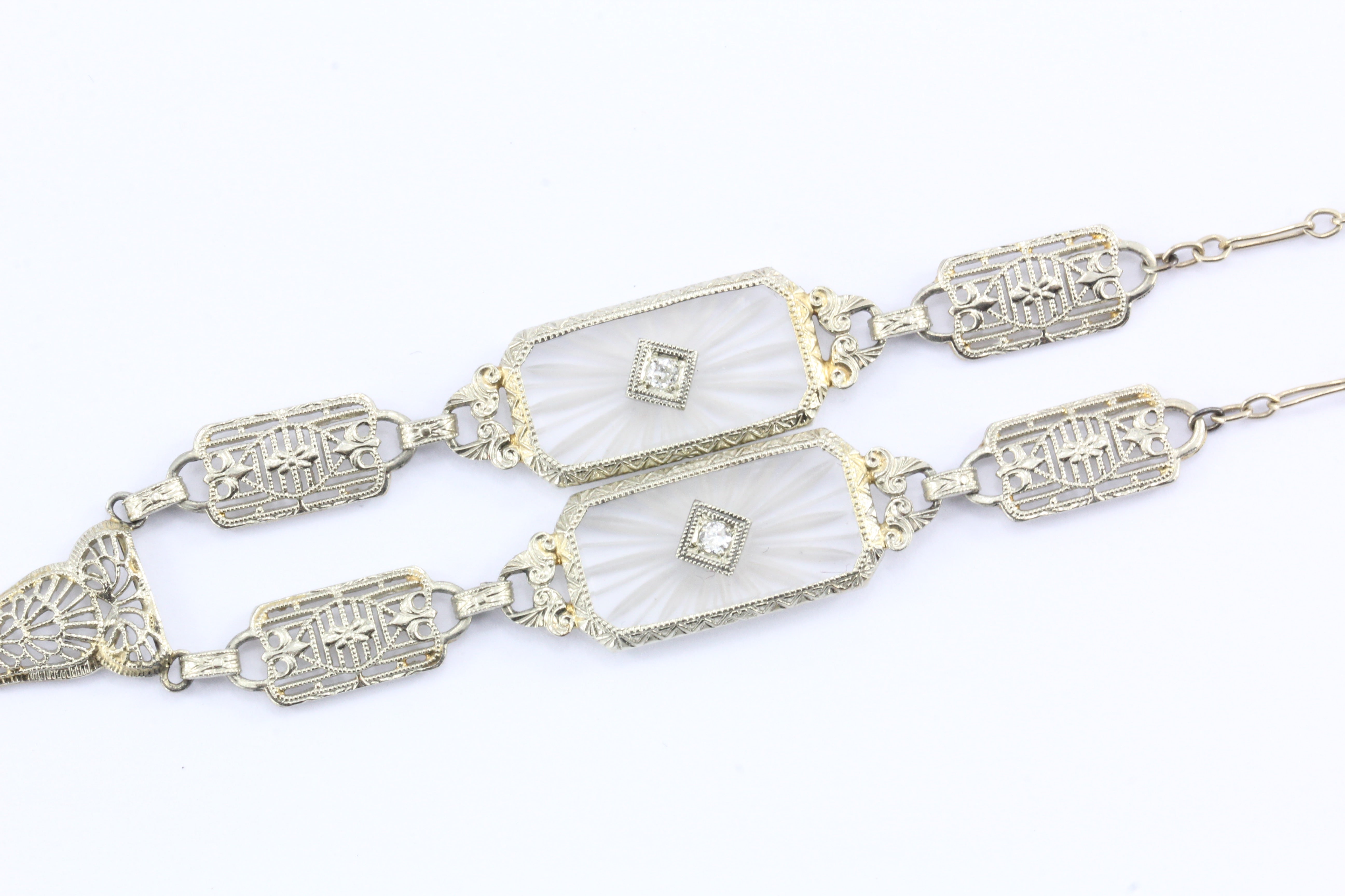 Art Deco 14K White Gold Rock Crystal Diamond Filigree Necklace c.1920's - Queen May