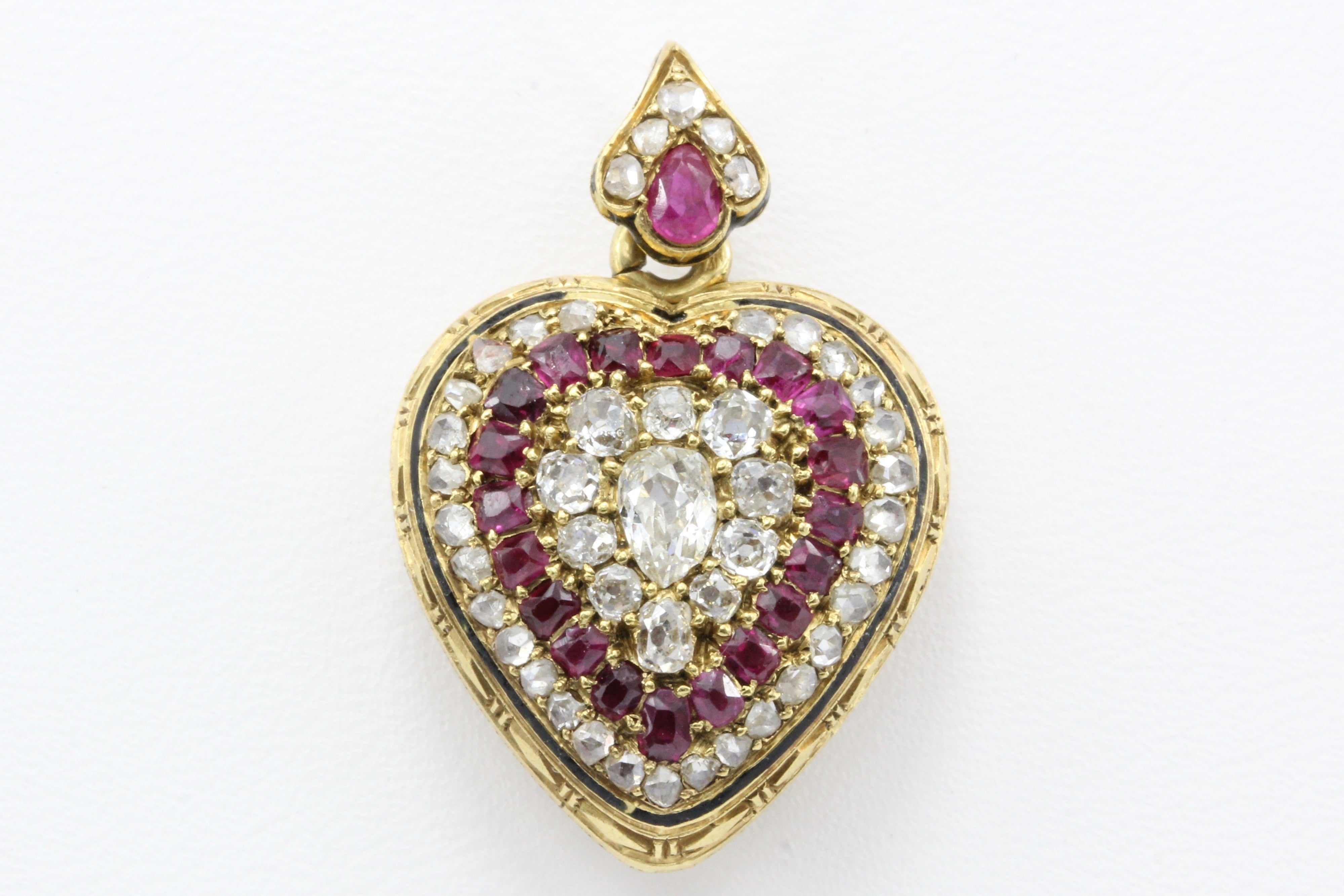 French Belle Epoque 18K Yellow Gold Old Mine Cut Ruby Rose Cut Heart Locket - Queen May