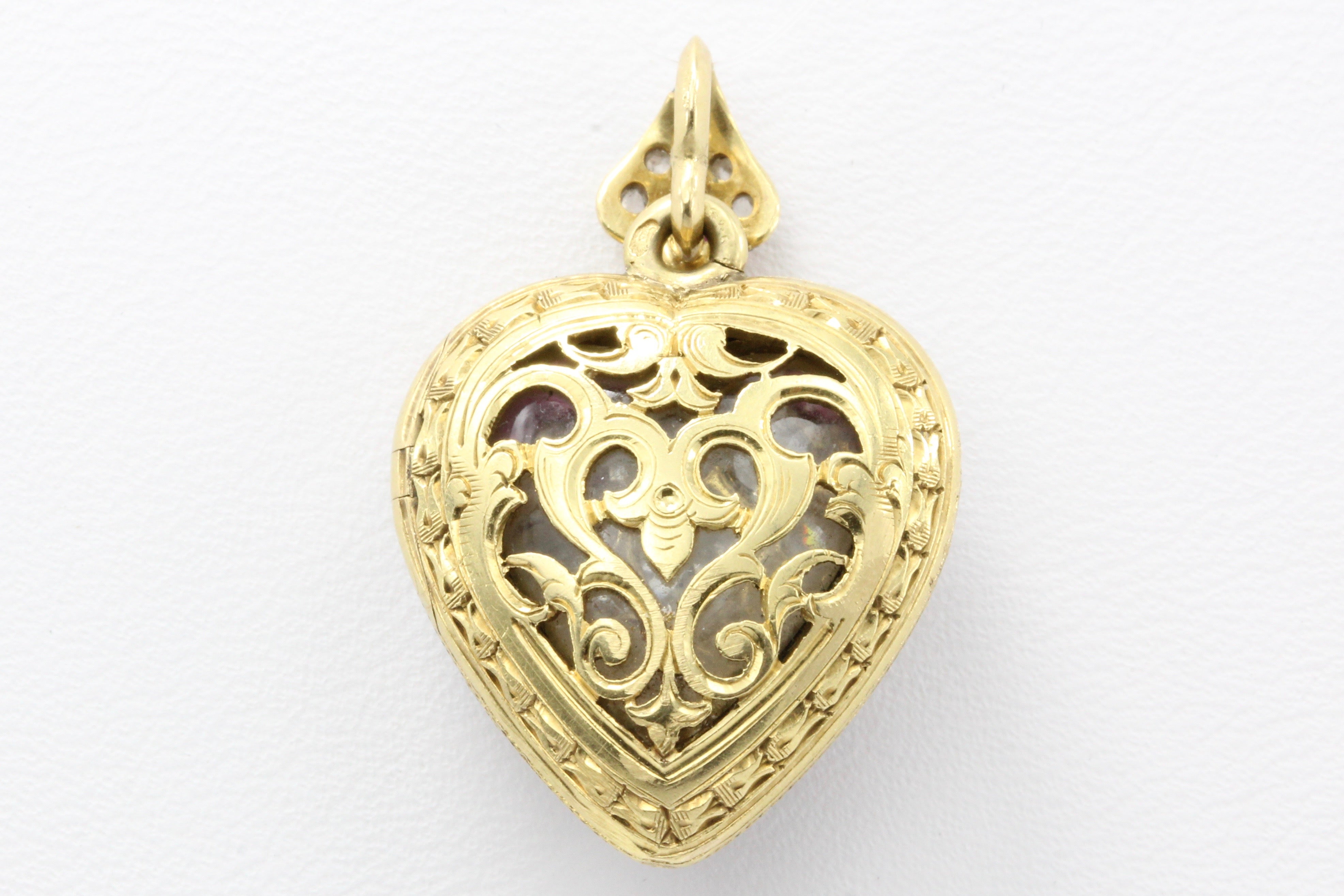 French Belle Epoque 18K Yellow Gold Old Mine Cut Ruby Rose Cut Heart Locket - Queen May