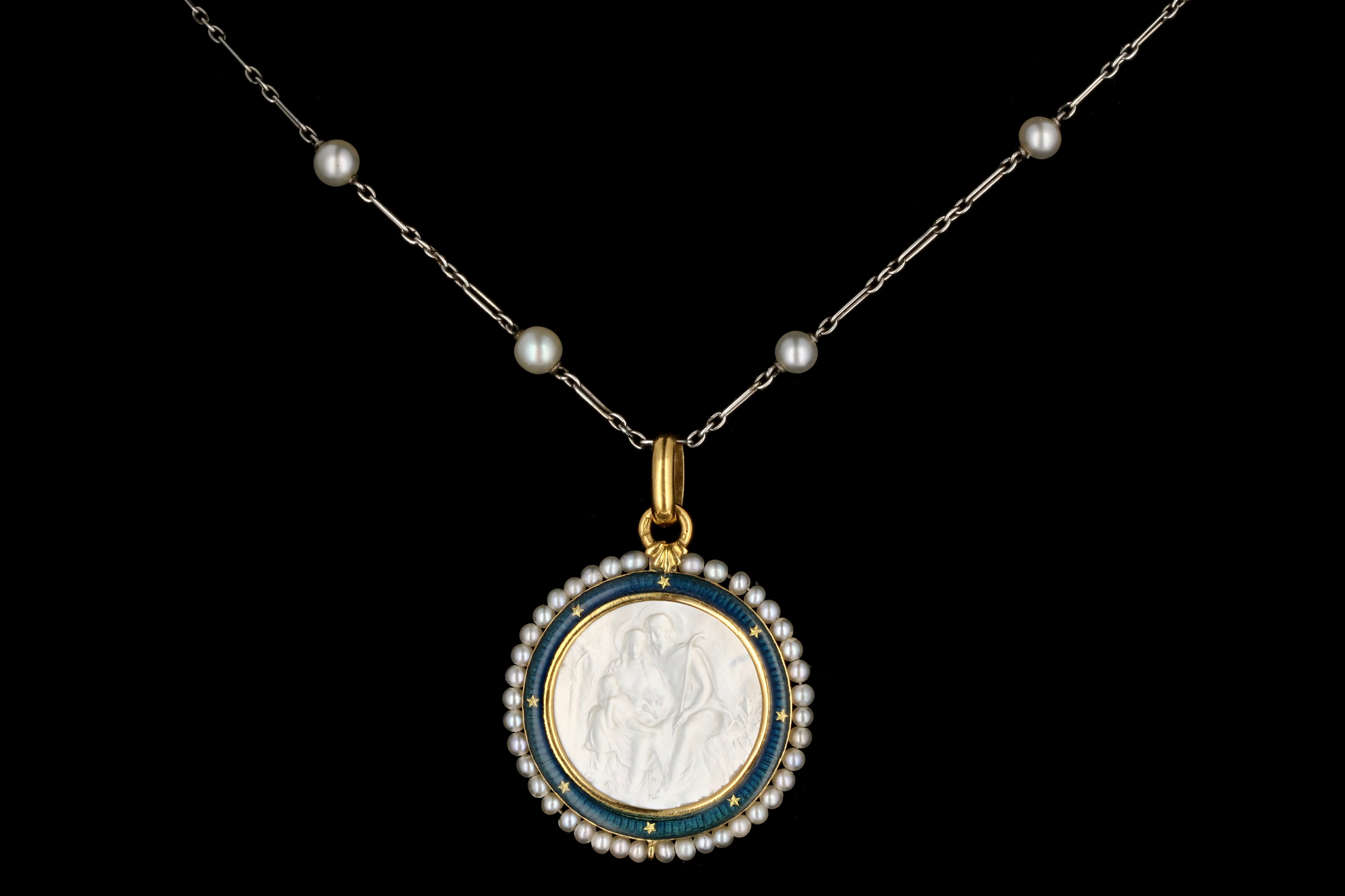Antique English 18K Yellow Gold, Enamel, and Mother of Pearl Religious Pendant Necklace - Queen May