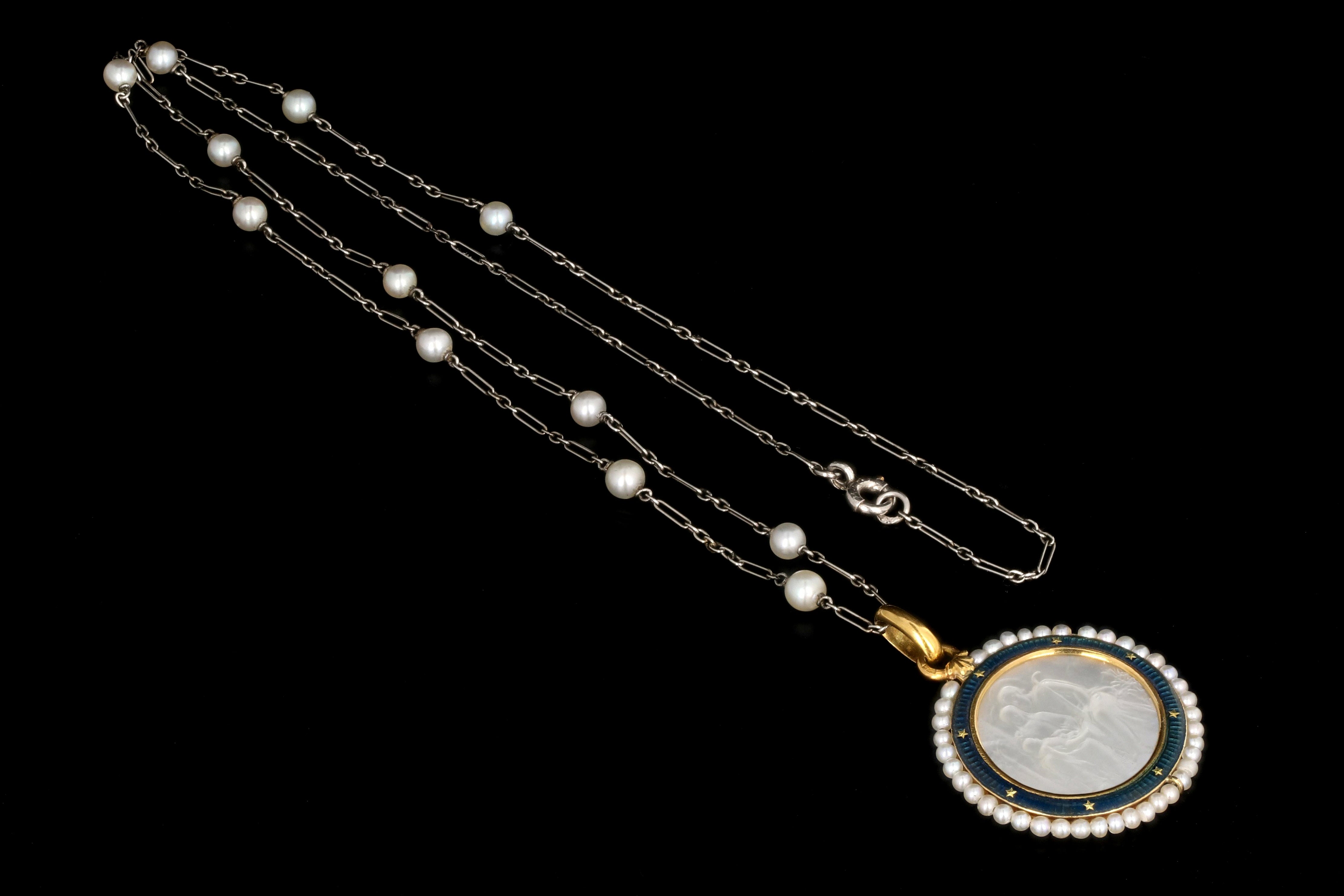 Antique English 18K Yellow Gold, Enamel, and Mother of Pearl Religious Pendant Necklace - Queen May