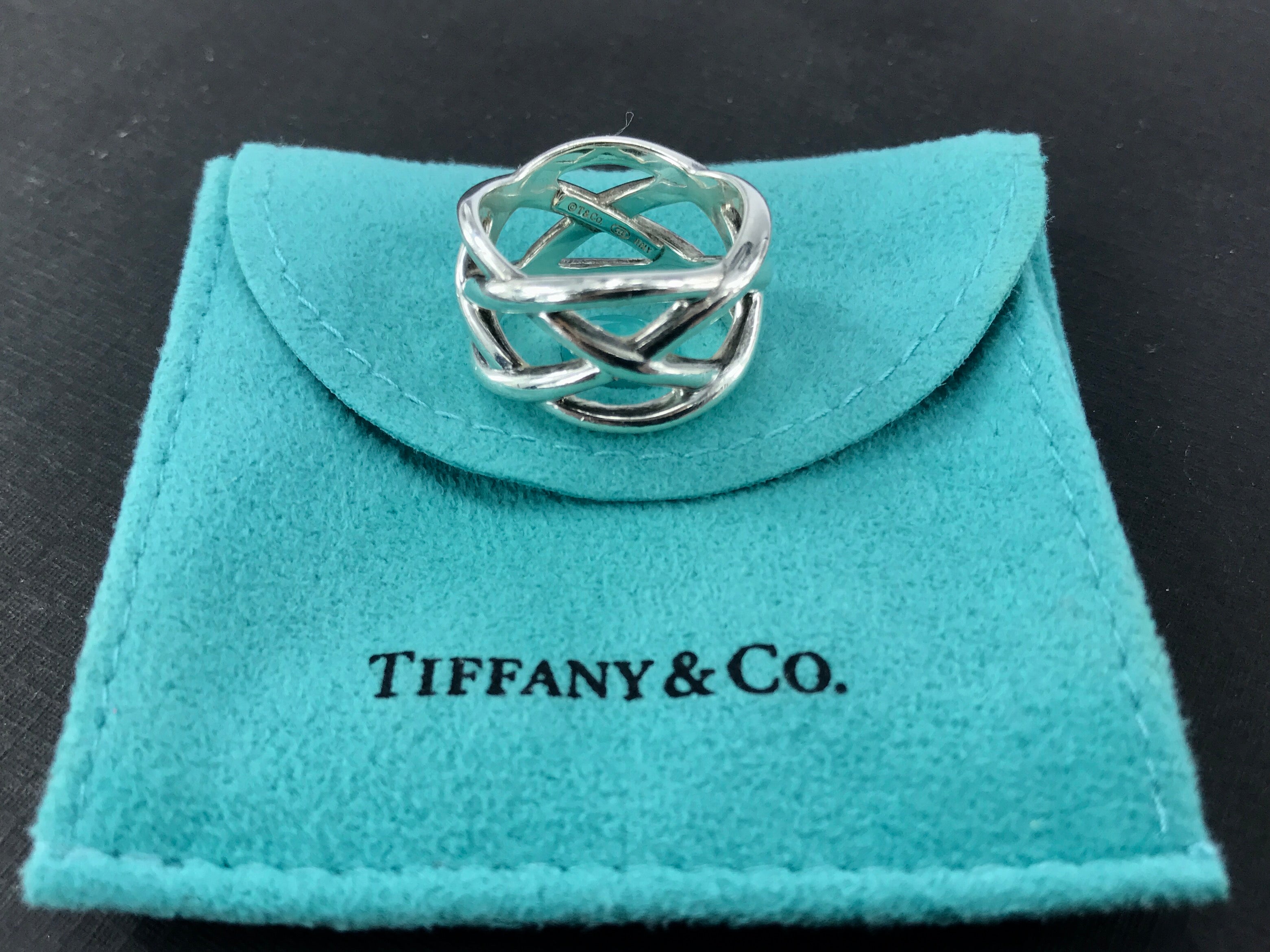 Tiffany & Co Sterling Silver Wide Knot Weave Band Ring Size 7 - Queen May