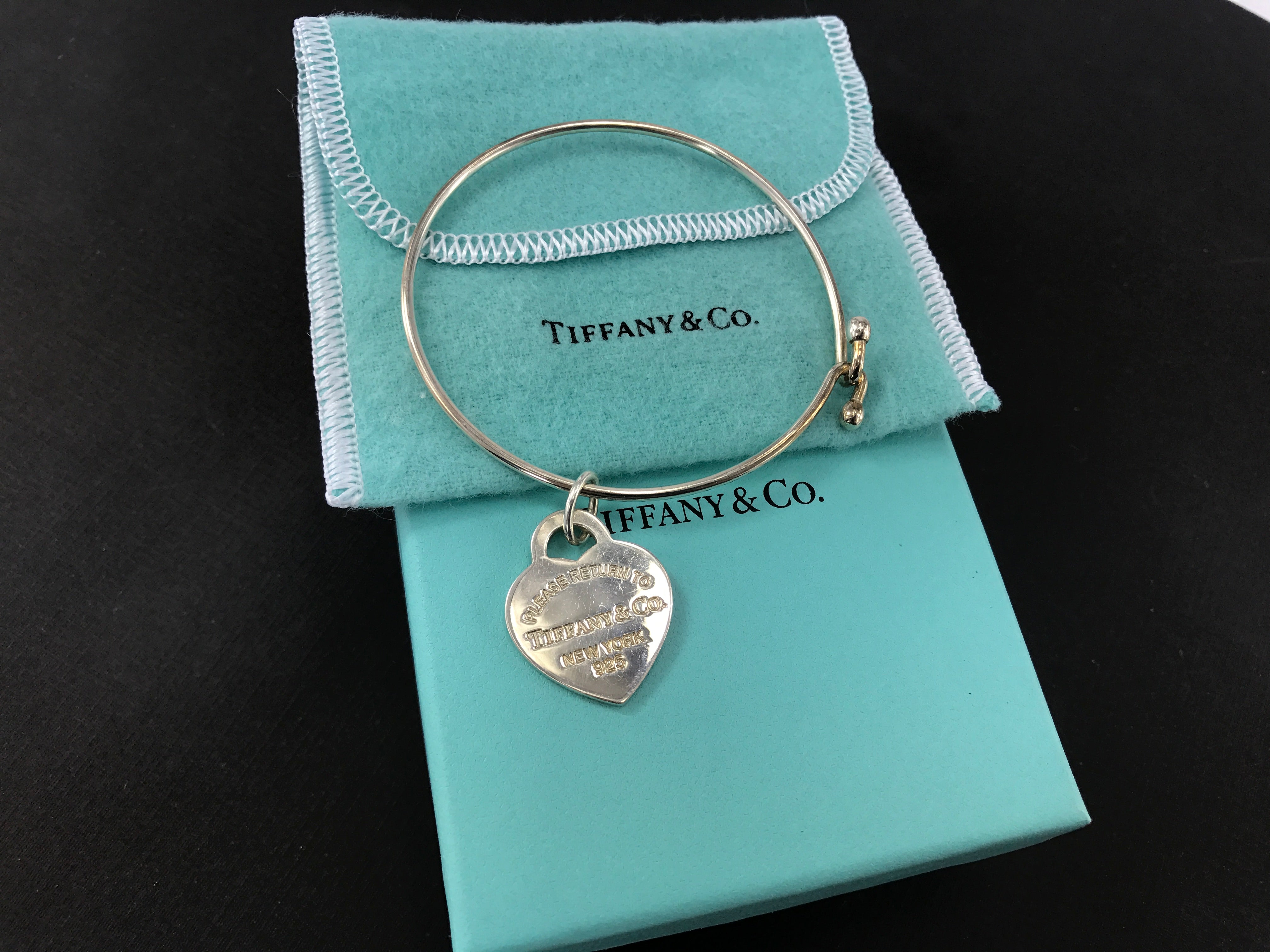 Tiffany & Co Sterling Silver Wire Bracelet with Tiffany Blue Enamel Heart Charm - Queen May