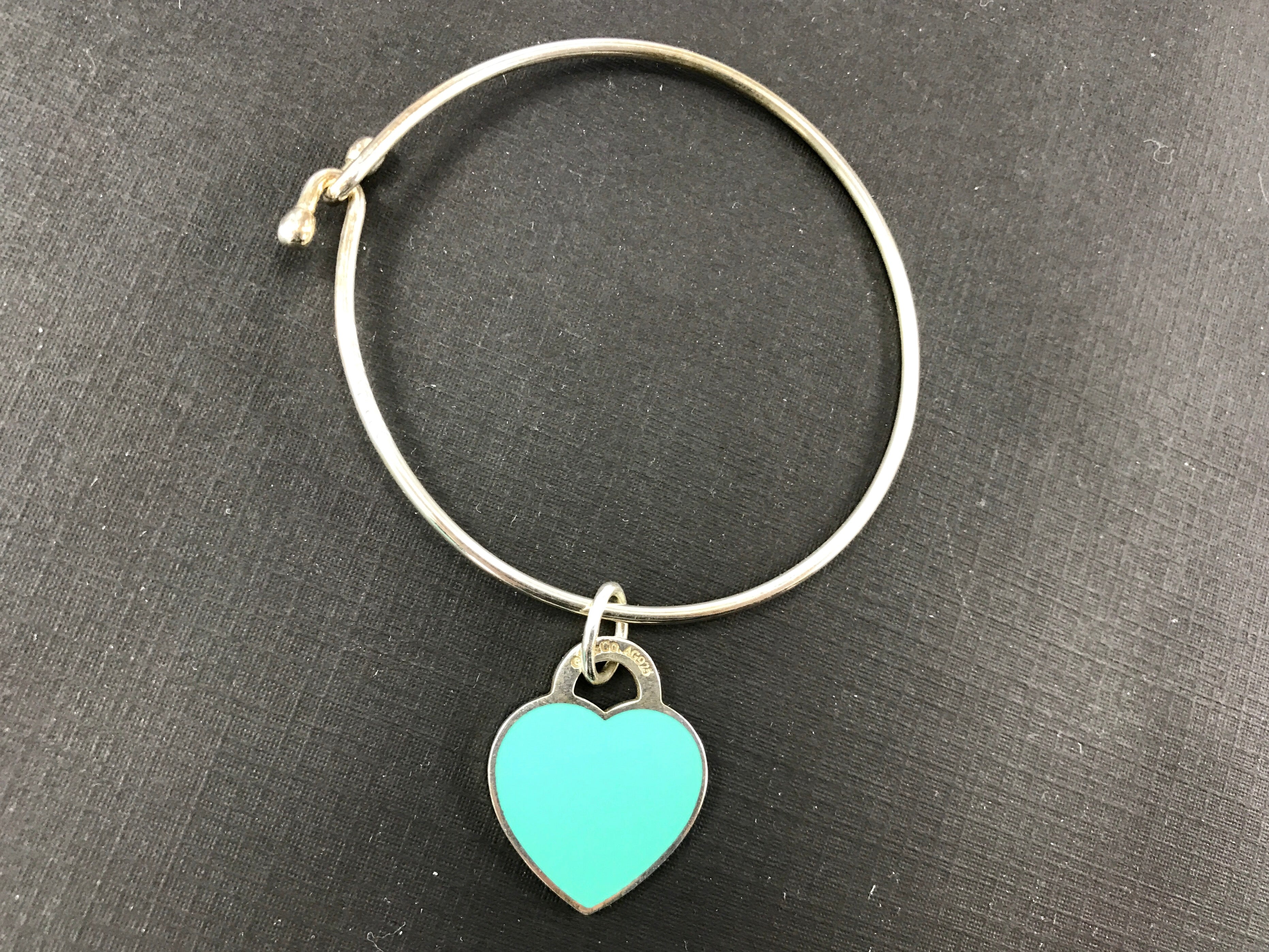 Tiffany & Co Sterling Silver Wire Bracelet with Tiffany Blue Enamel Heart Charm - Queen May