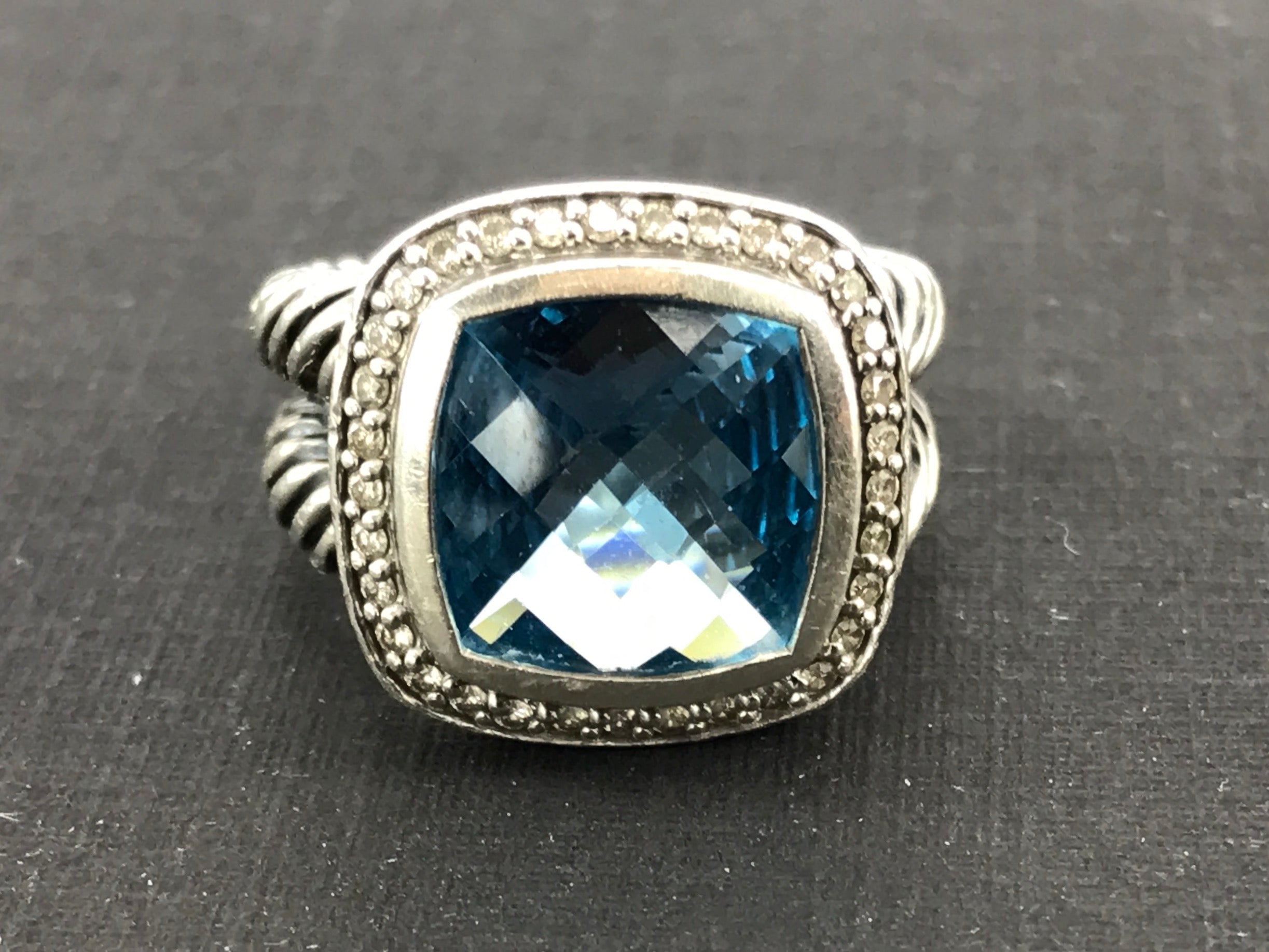 David Yurman Sterling Silver Blue Topaz & Diamond Albion Ring Size 5.75 - Queen May