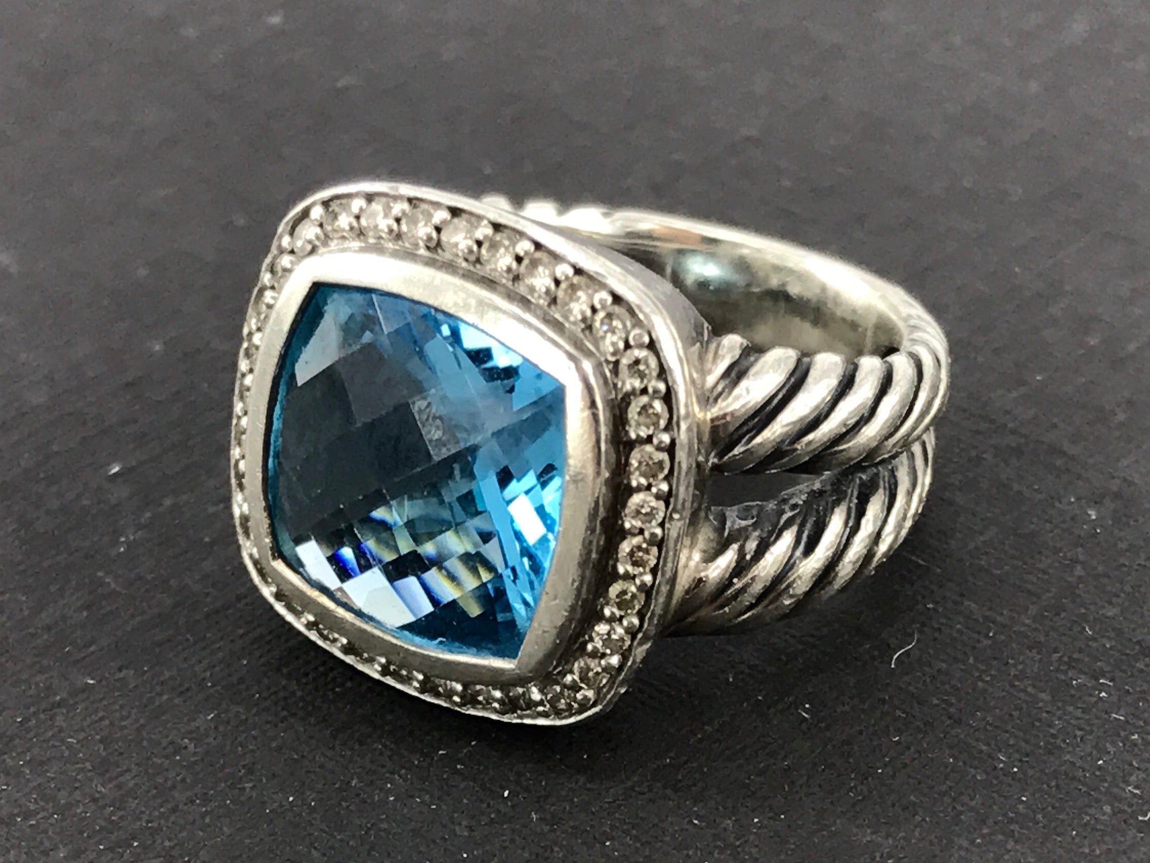 David Yurman Sterling Silver Blue Topaz & Diamond Albion Ring Size 5.75 - Queen May