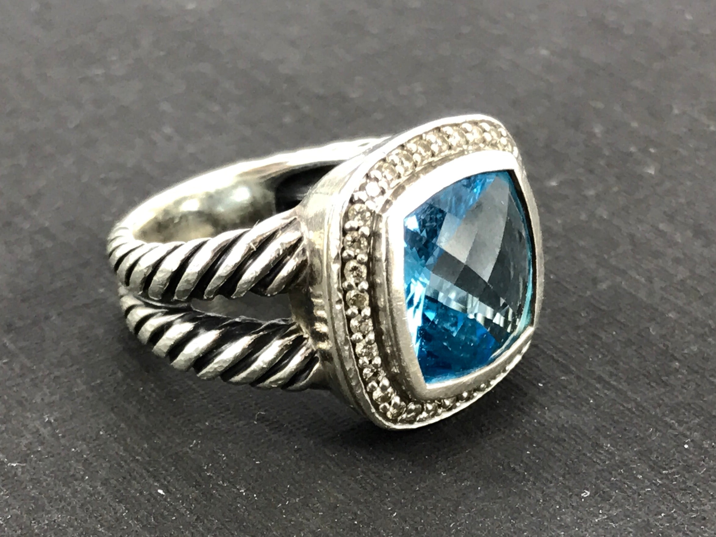 David Yurman Sterling Silver Blue Topaz & Diamond Albion Ring Size 5.75 - Queen May