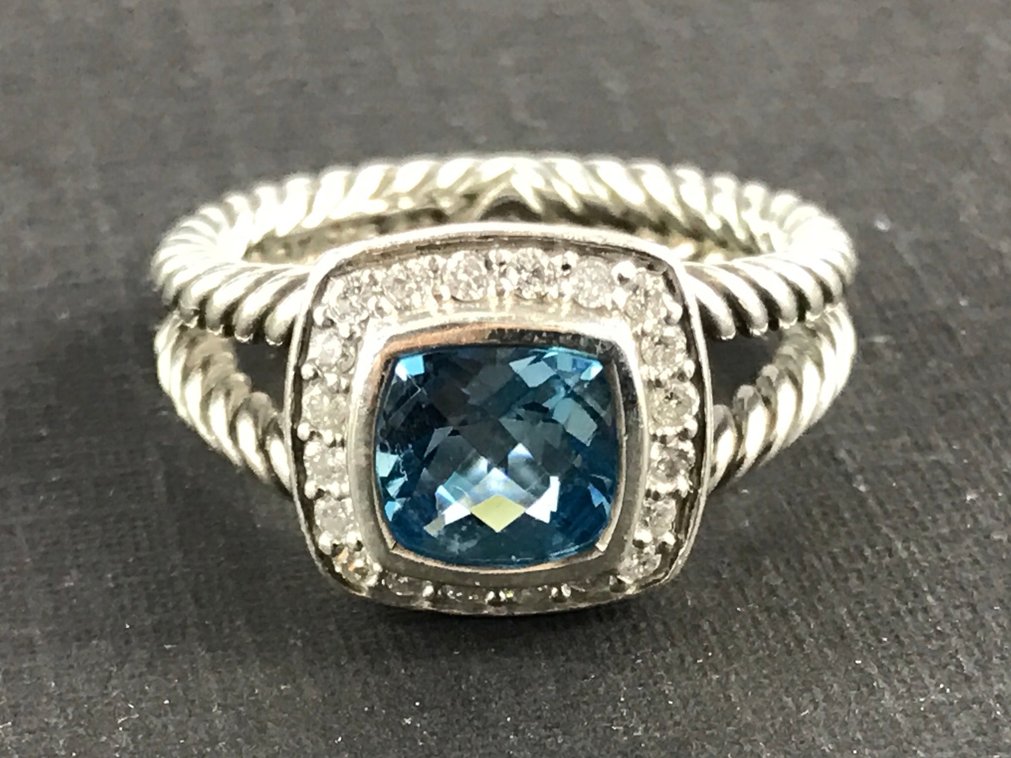 David Yurman Sterling Silver Blue Topaz & Diamond Petite Albion Ring Size 4.75 - Queen May