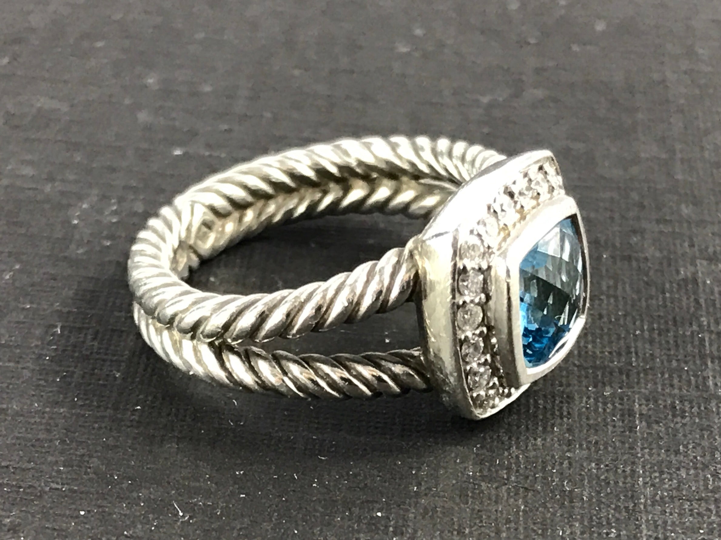David Yurman Sterling Silver Blue Topaz & Diamond Petite Albion Ring Size 4.75 - Queen May