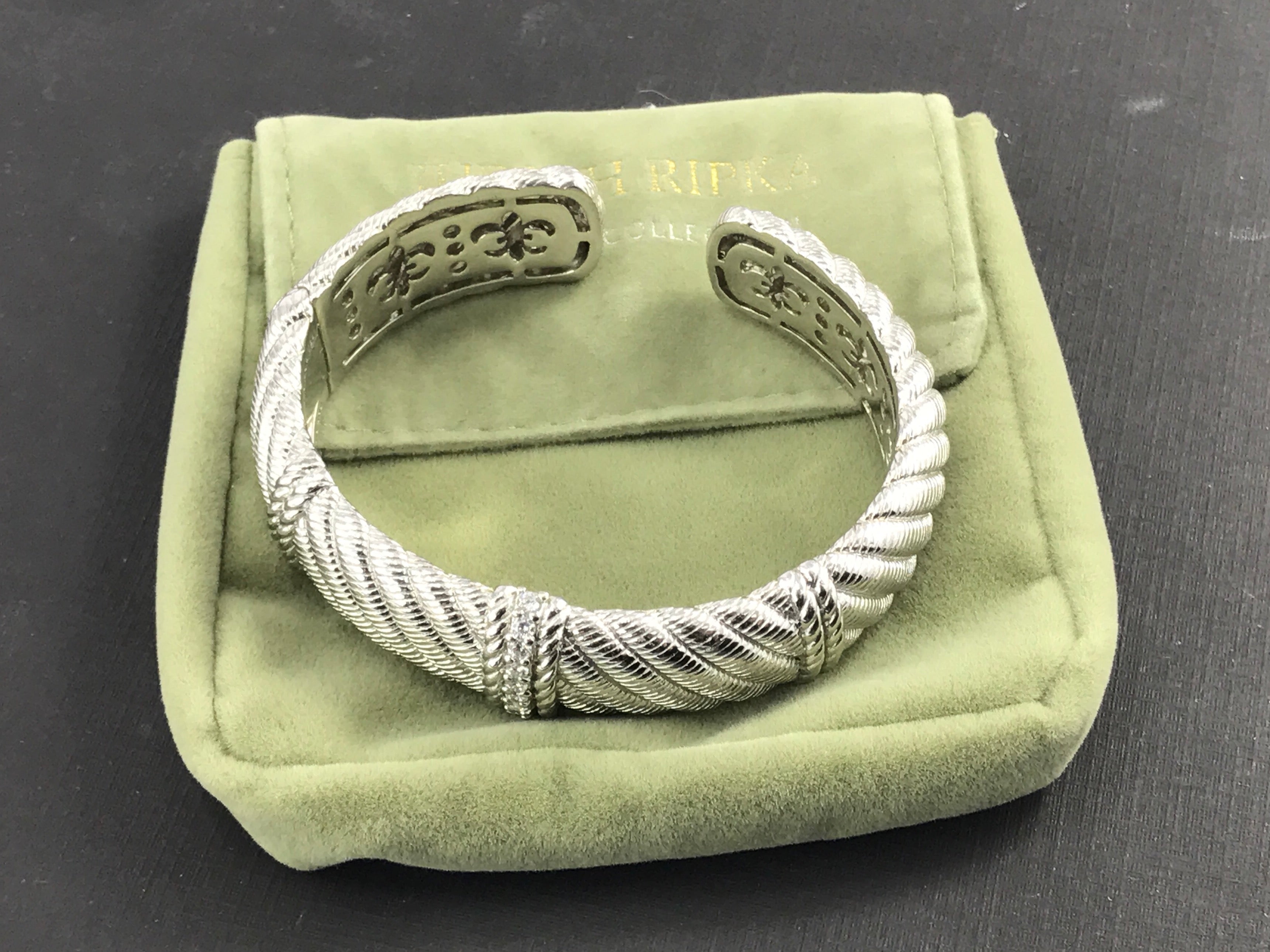 Judith Ripka Sterling Silver Textured CZ Diamonique Hinged Cuff Bracelet - Queen May