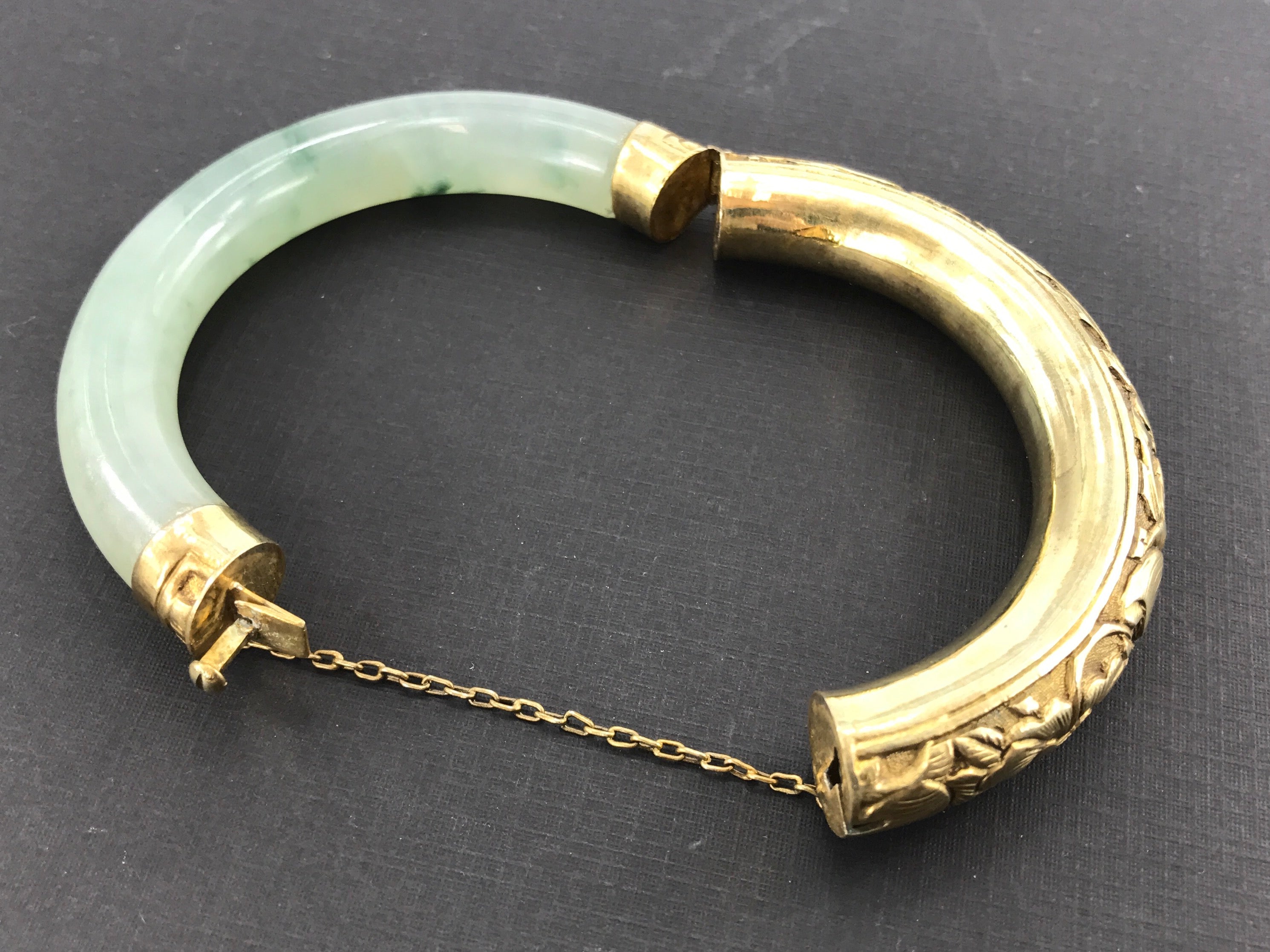 Vintage Gold Washed Silver Icy Moss in Snow Jadeite Jade Chinese Bangle Bracelet - Queen May