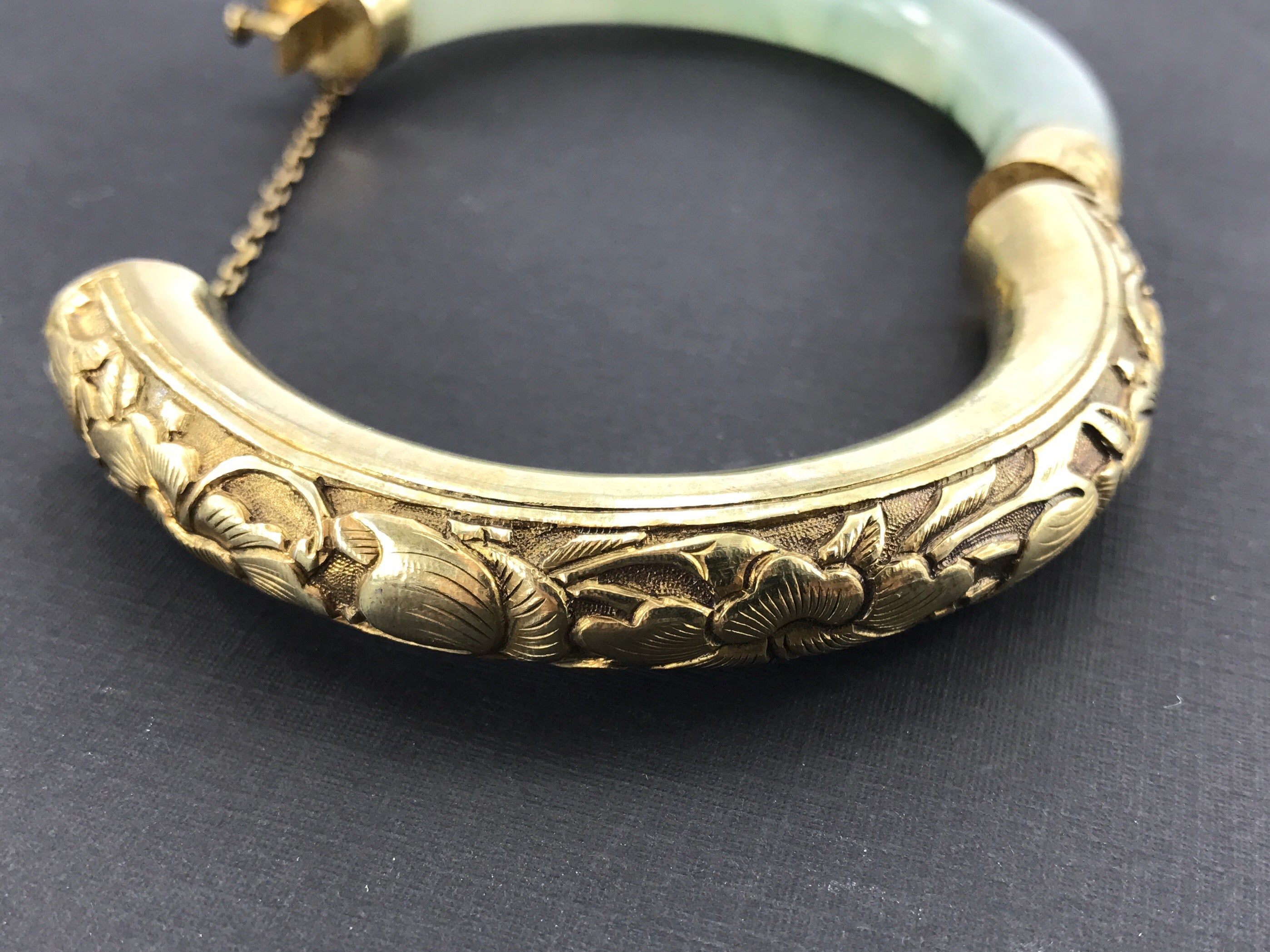 Vintage Gold Washed Silver Icy Moss in Snow Jadeite Jade Chinese Bangle Bracelet - Queen May