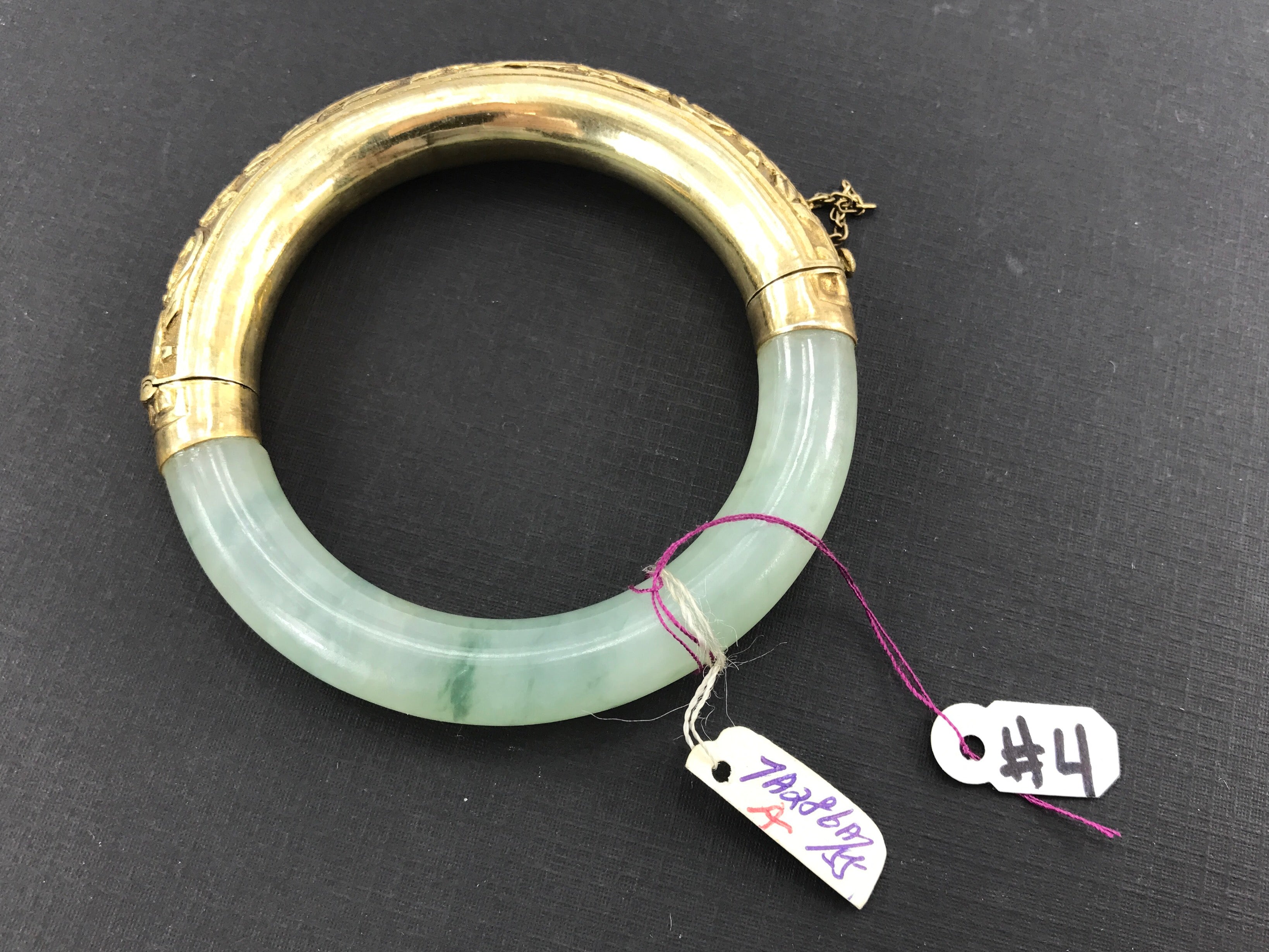 Vintage Gold Washed Silver Icy Moss in Snow Jadeite Jade Chinese Bangle Bracelet - Queen May