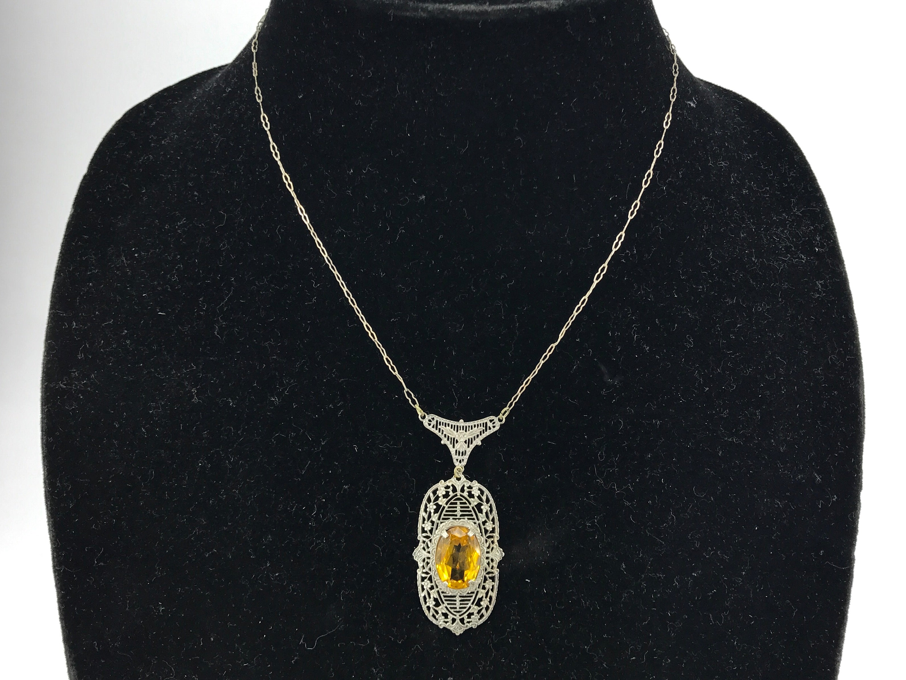 Art Deco Sterling Silver Filigree Orange Paste Lavalier Necklace c.1920's - Queen May