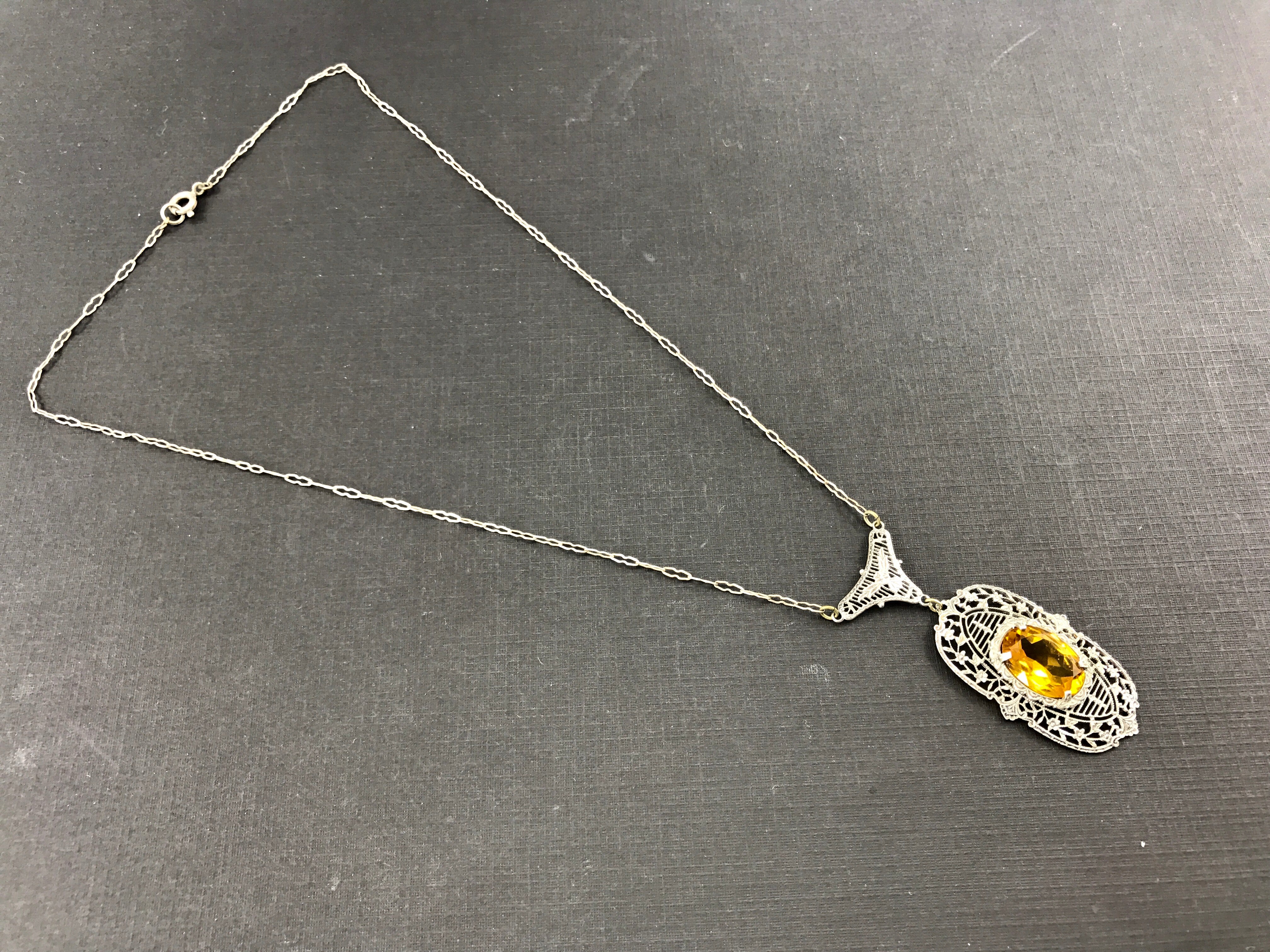Art Deco Sterling Silver Filigree Orange Paste Lavalier Necklace c.1920's - Queen May