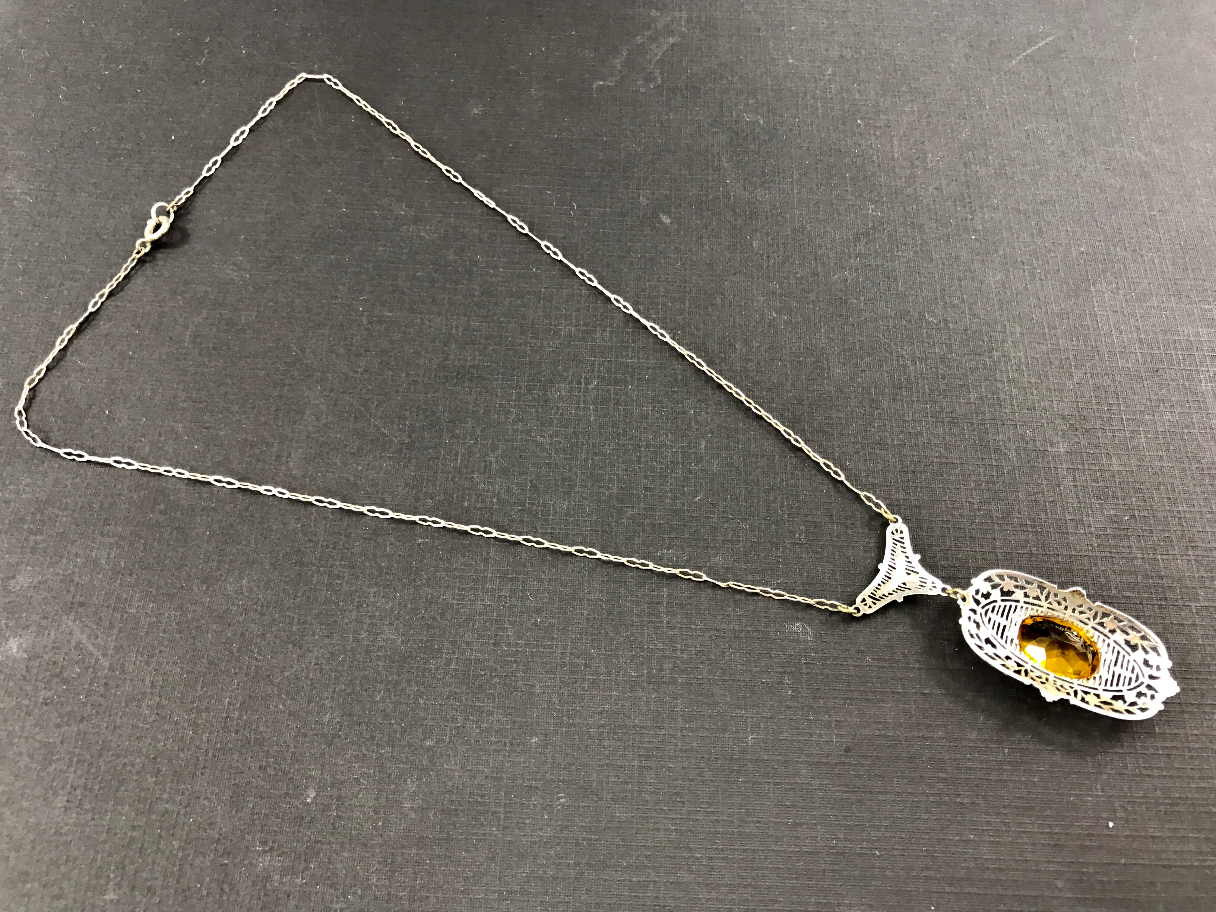 Art Deco Sterling Silver Filigree Orange Paste Lavalier Necklace c.1920's - Queen May