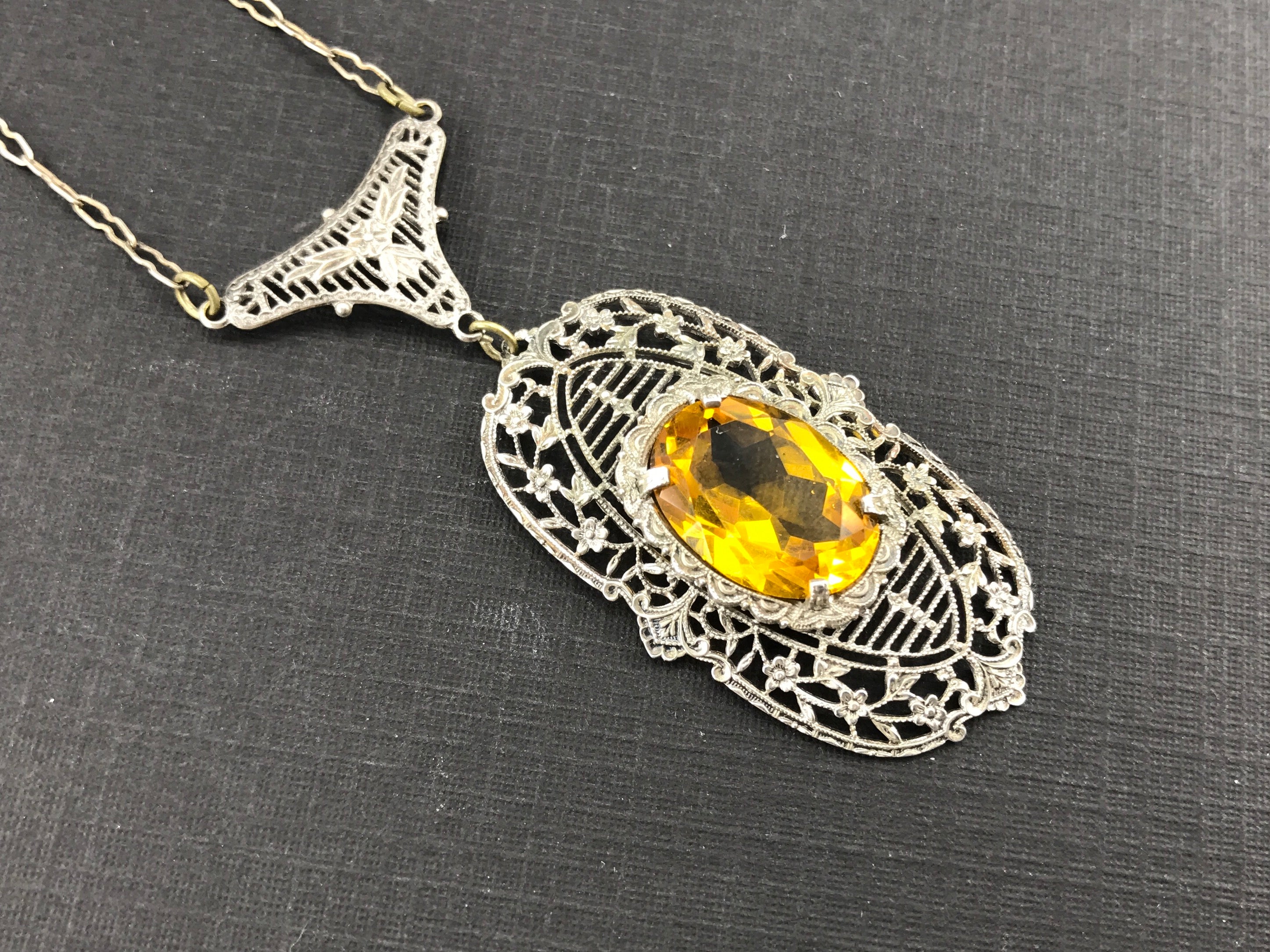 Art Deco Sterling Silver Filigree Orange Paste Lavalier Necklace c.1920's - Queen May