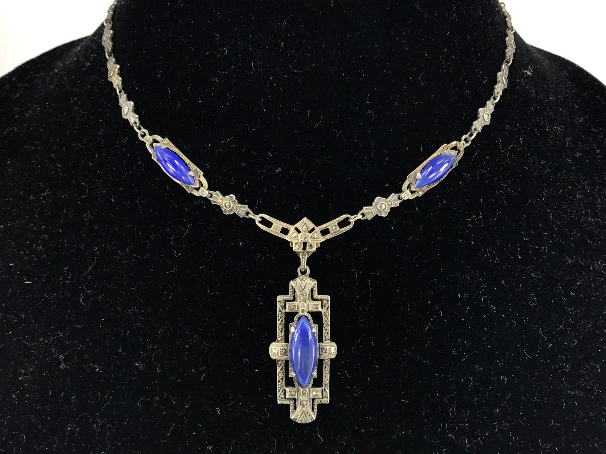 Art Deco Sterling Silver Marcasite Purple Chalcedony Birks Necklace c.1920's - Queen May