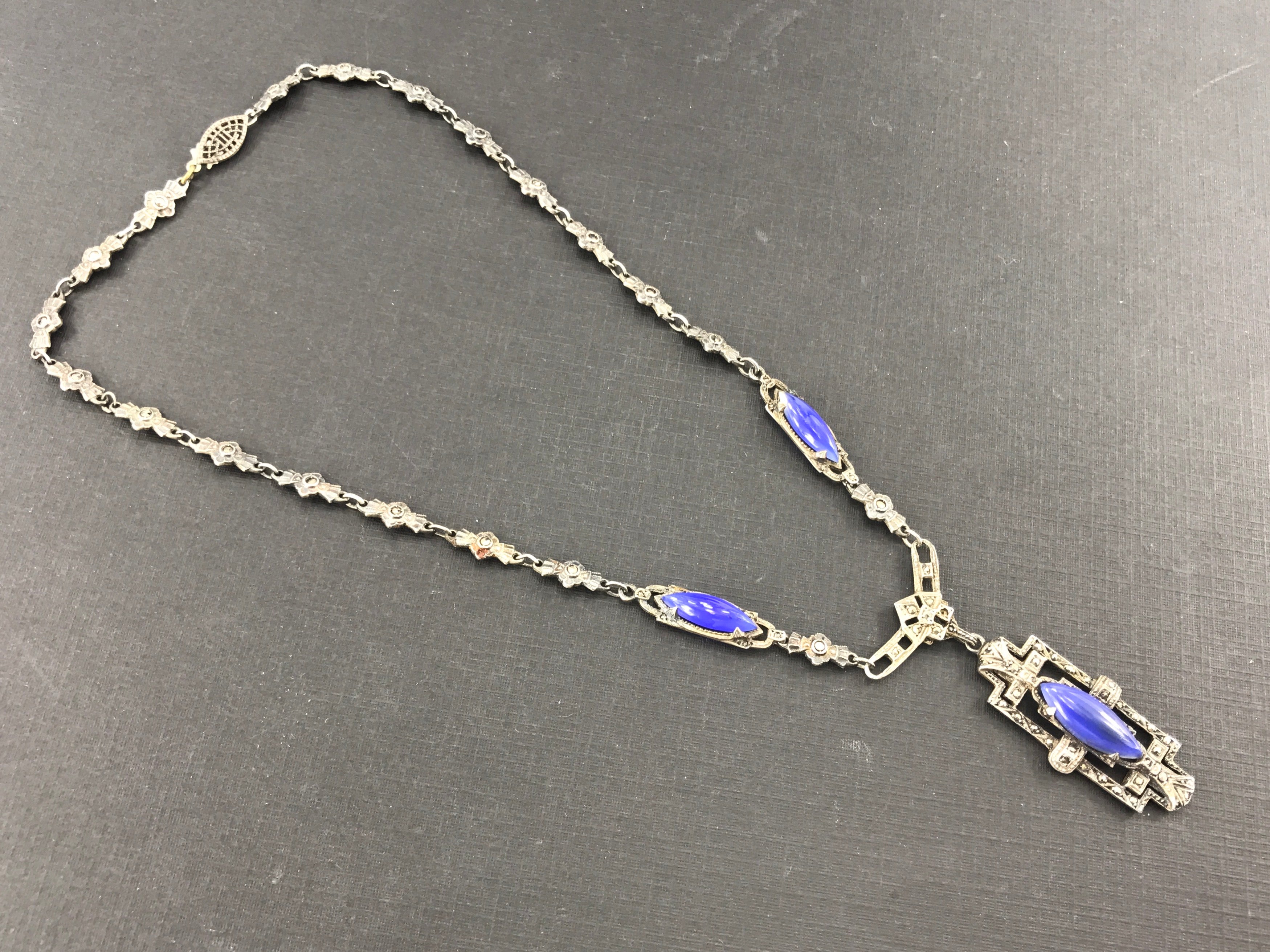 Art Deco Sterling Silver Marcasite Purple Chalcedony Birks Necklace c.1920's - Queen May