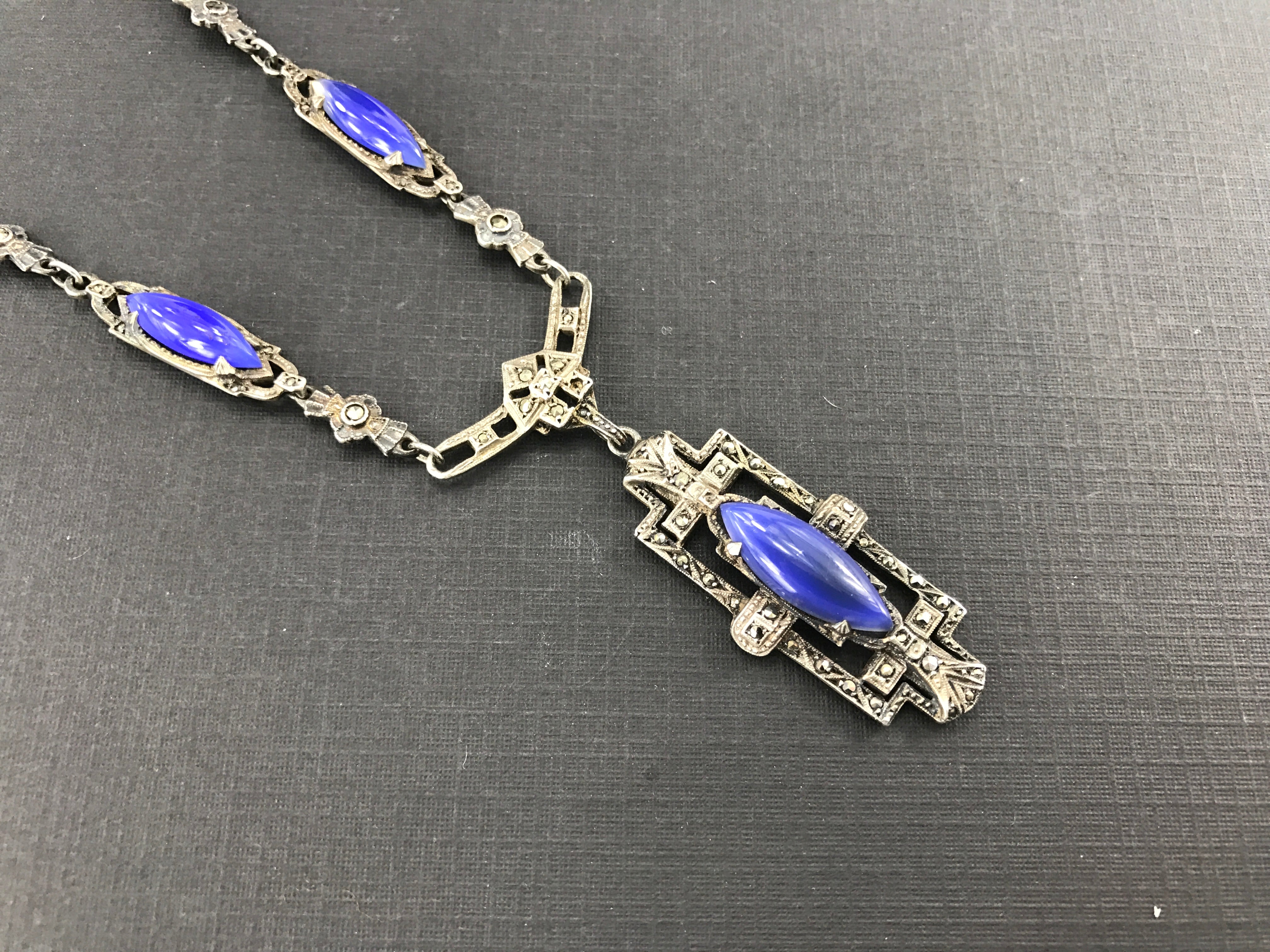 Art Deco Sterling Silver Marcasite Purple Chalcedony Birks Necklace c.1920's - Queen May