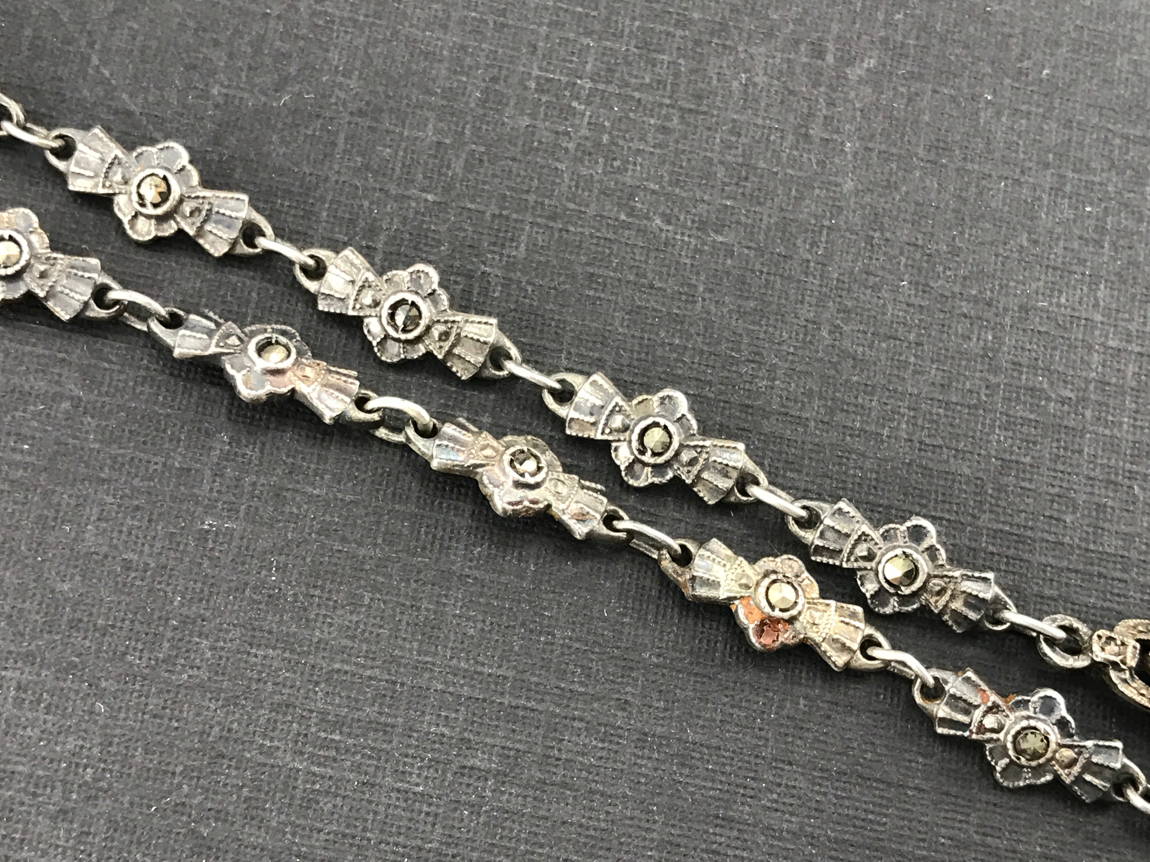 Art Deco Sterling Silver Marcasite Purple Chalcedony Birks Necklace c.1920's - Queen May