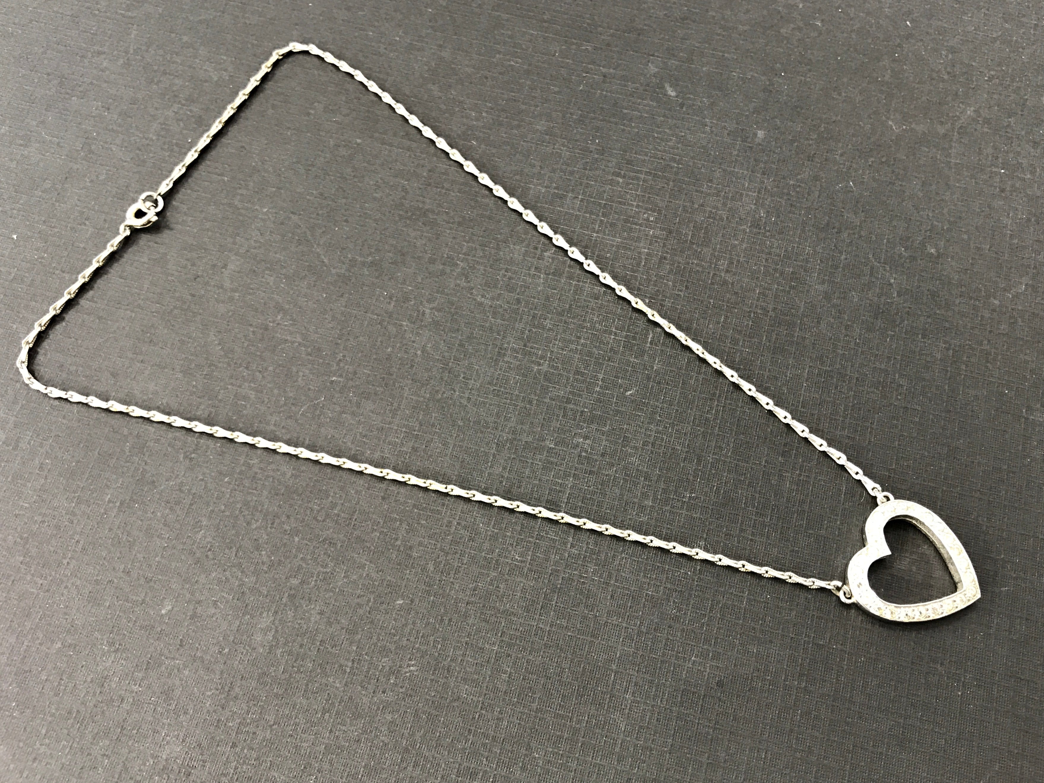 Retro Sterling Silver Rhinestone Open Heart Necklace c.1930's - Queen May