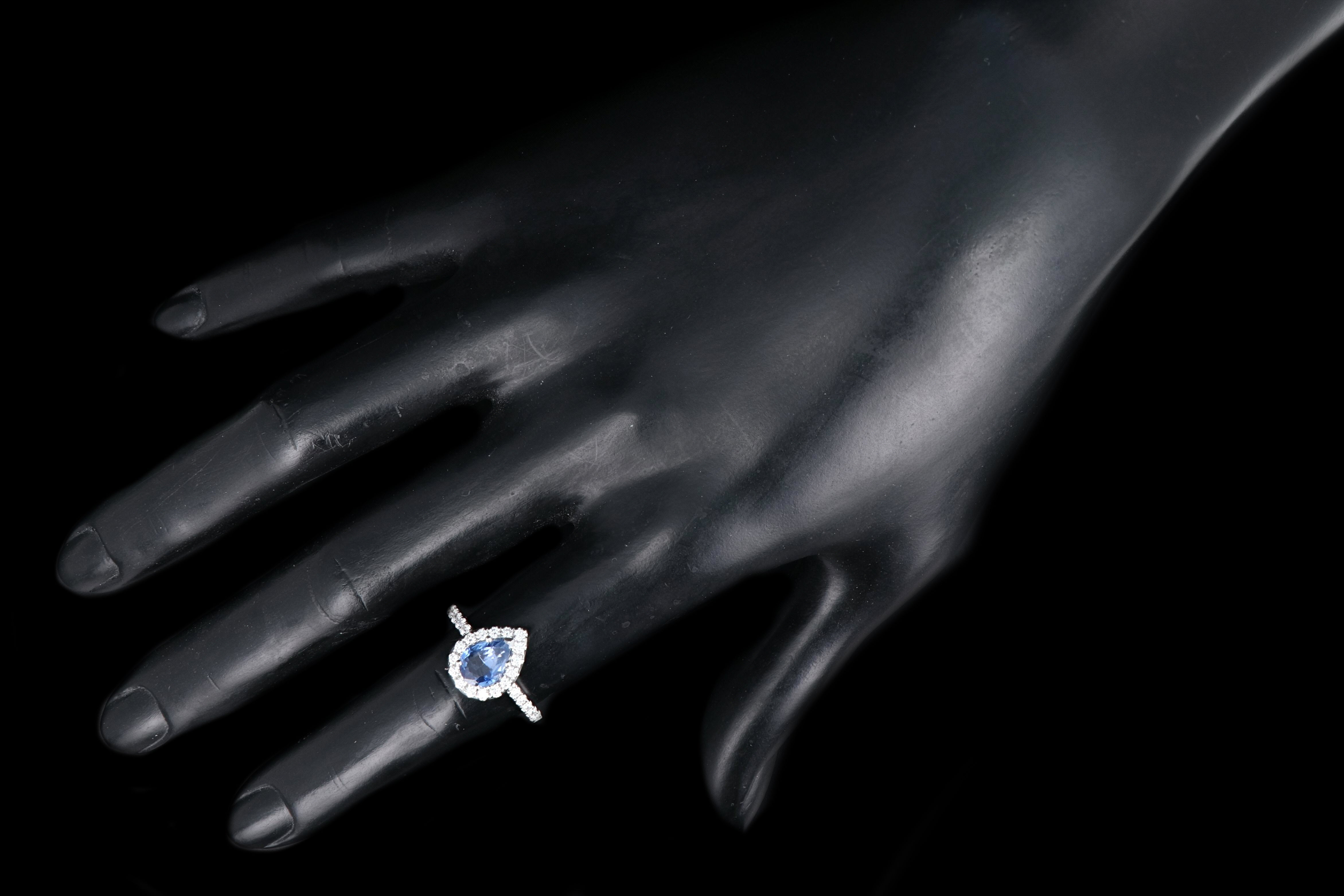New 14K White Gold 1.42 Pear Shaped Natural Sapphire and Diamond Halo Ring - Queen May