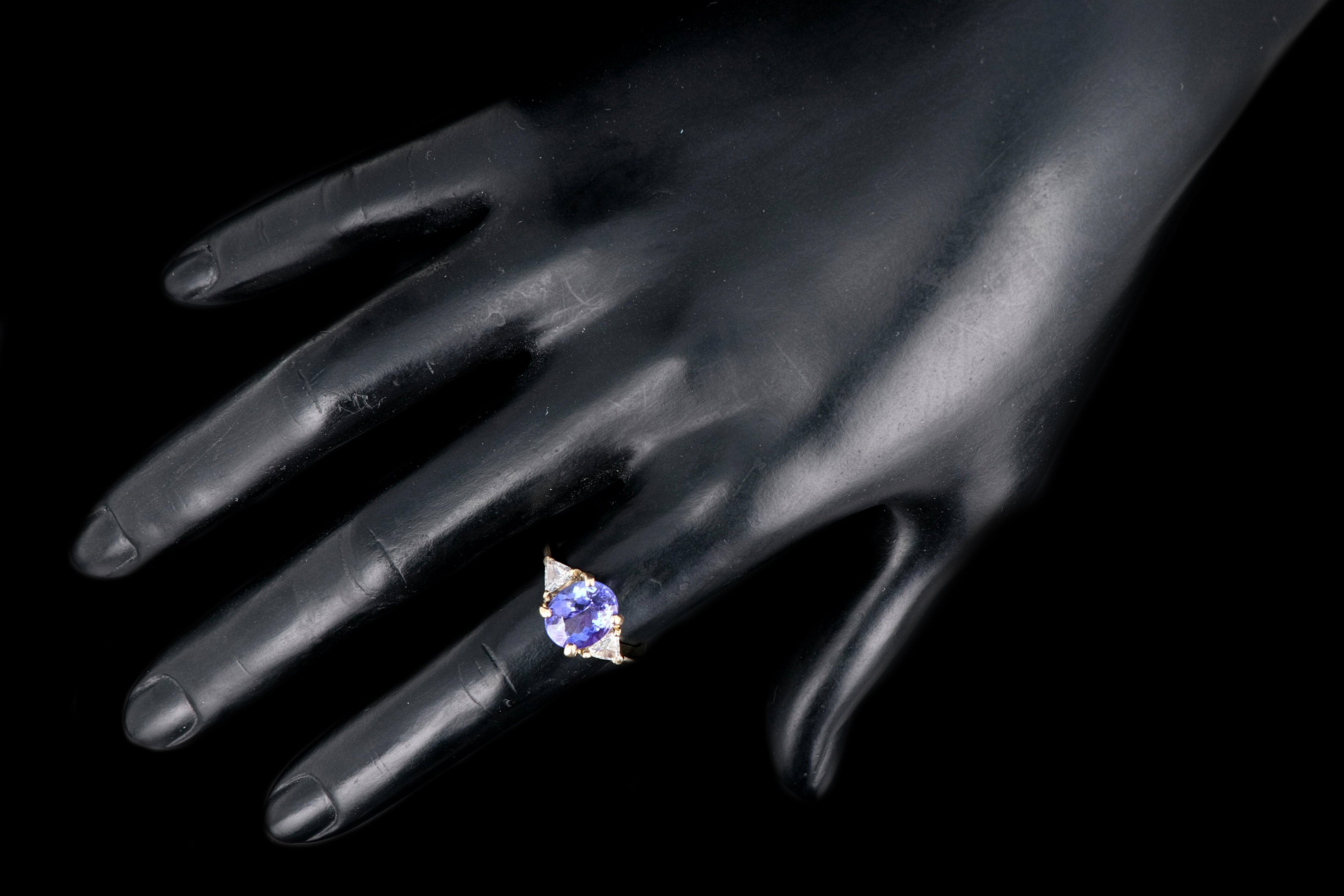 Modern 14K Yellow Gold 3 Carat Tanzanite and Trillion Cut Diamond Ring - Queen May