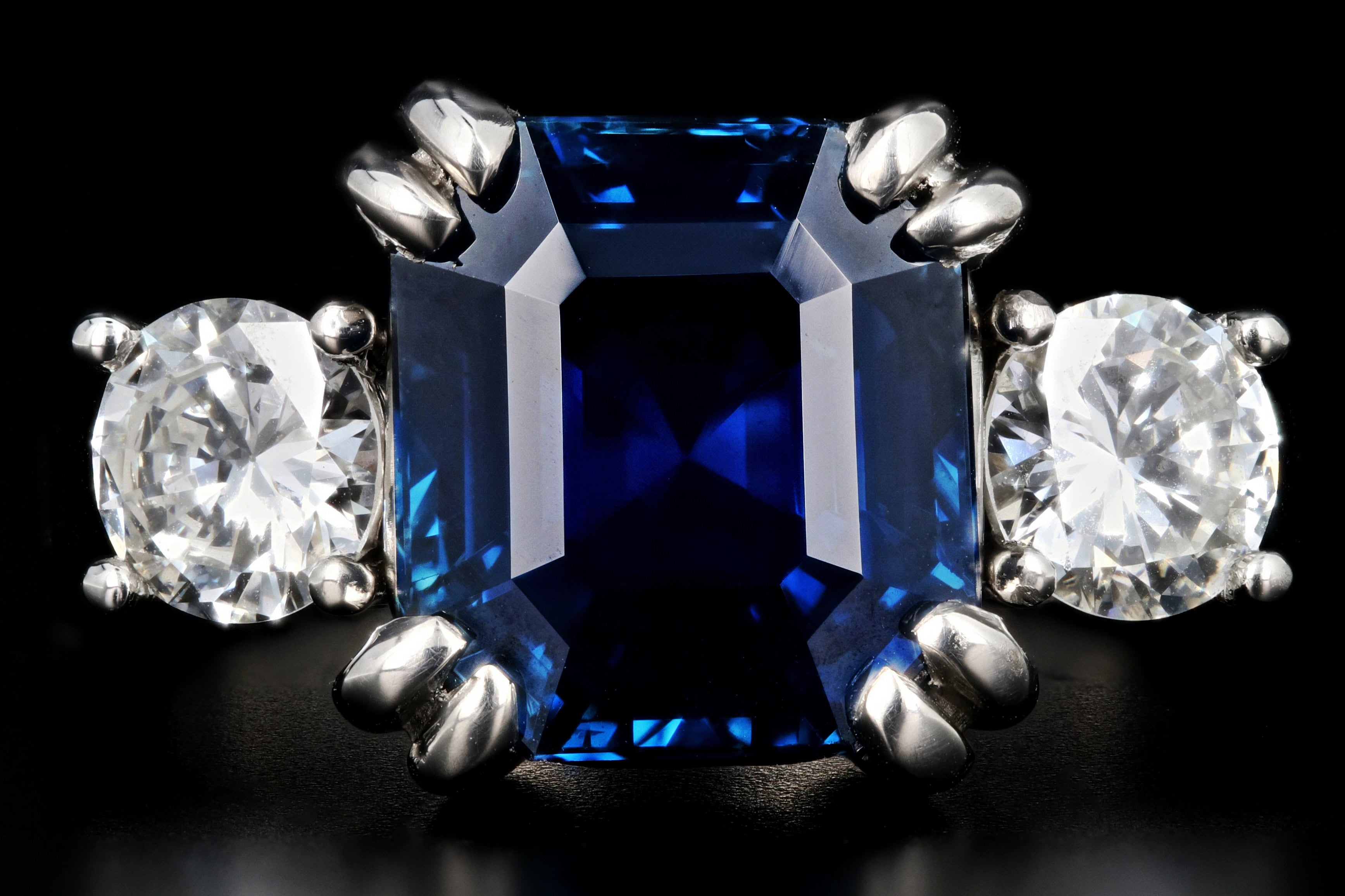 Modern Platinum AGL Certified 7.88 Carat Emerald Cut Sapphire and GIA Certified Diamond Ring - Queen May