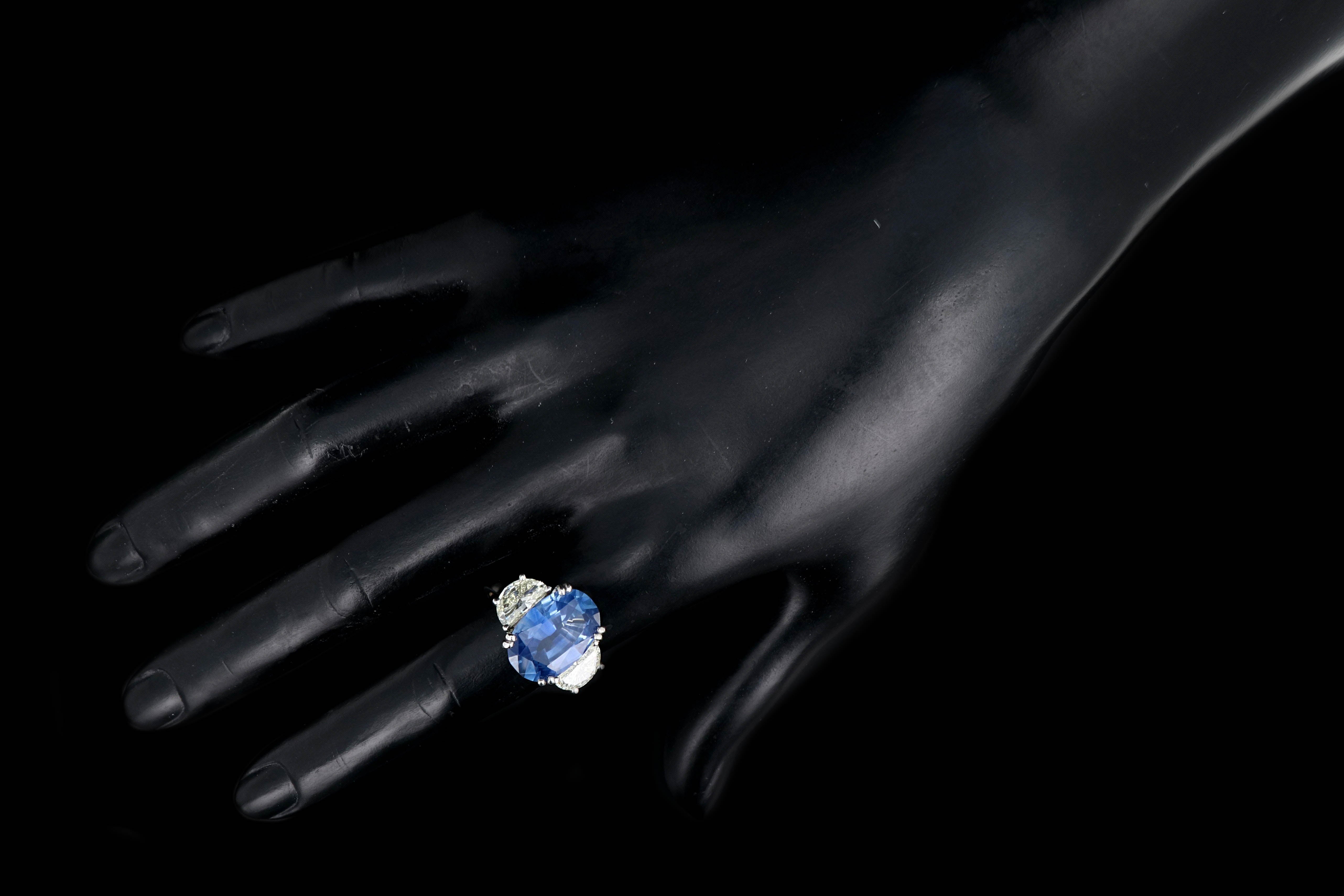 Platinum 9.72 Carat Cornflower Blue Burma No Heat Oval Cut Sapphire and 2 Carat Half Moon Diamond Ring GIA Certified - Queen May