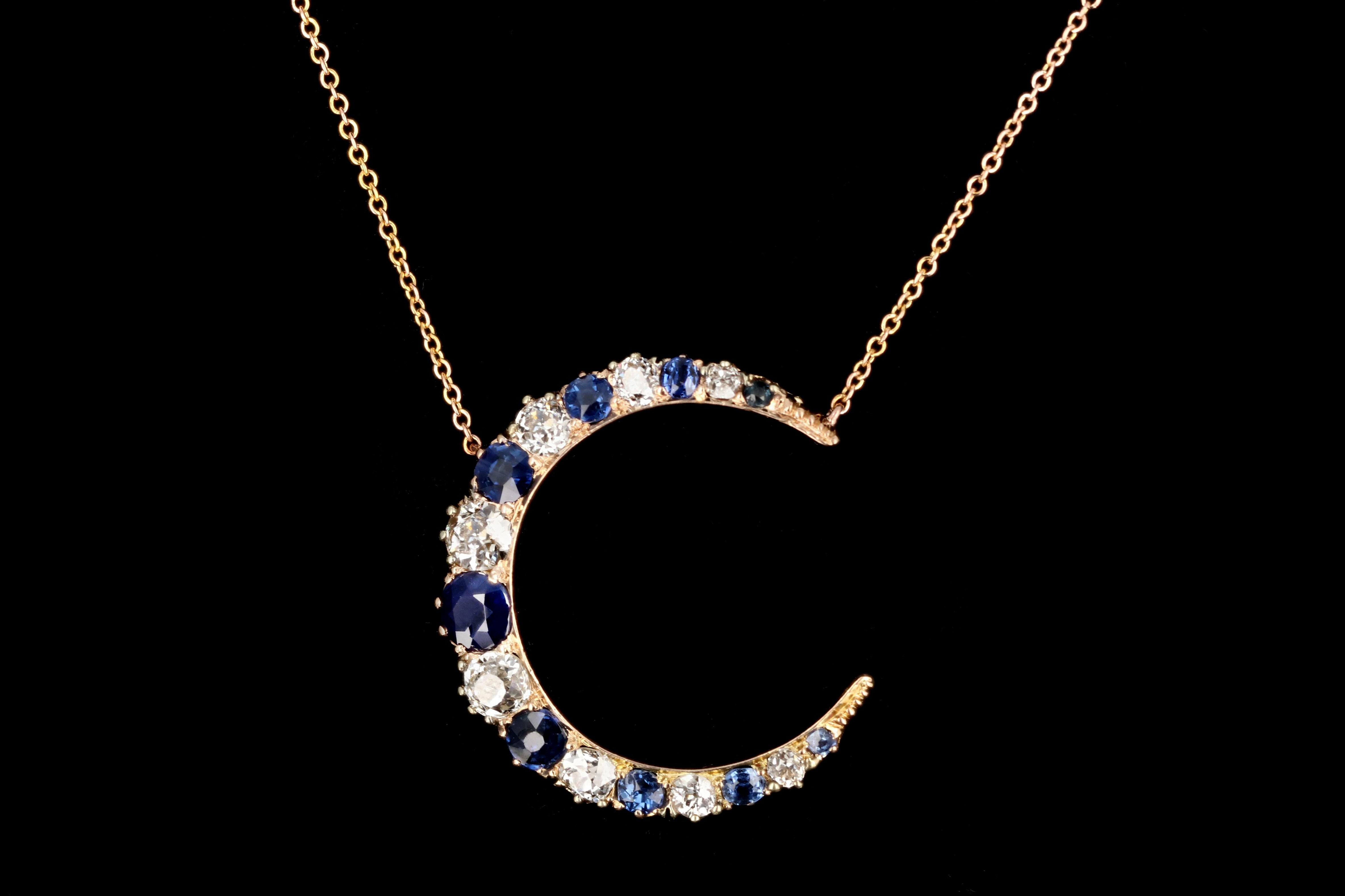 Victorian 14K Rose Gold Crescent Moon Diamond and Sapphire Necklace - Queen May