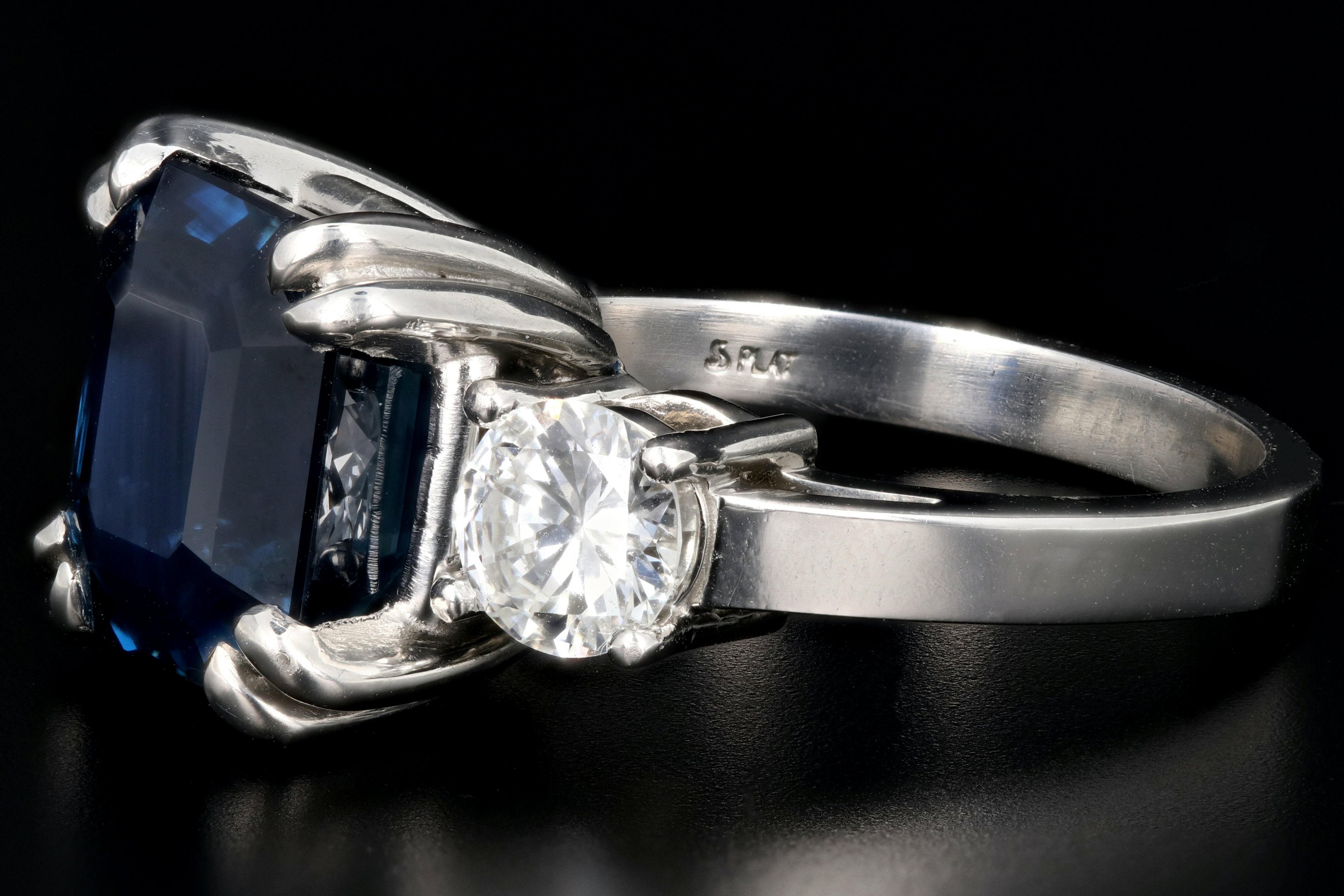 Modern Platinum AGL Certified 7.88 Carat Emerald Cut Sapphire and GIA Certified Diamond Ring - Queen May