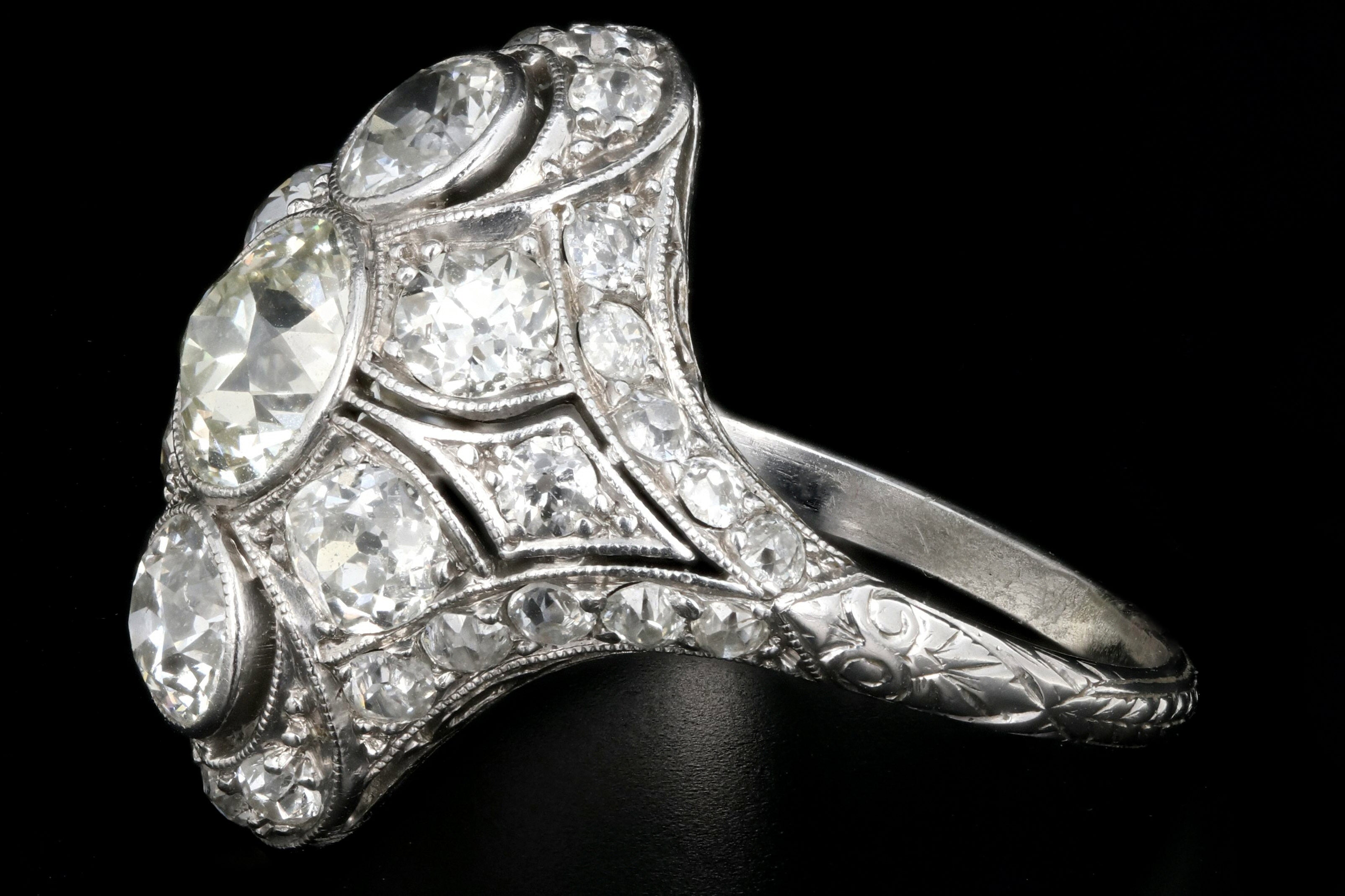 Art Deco Platinum Old European Cut Diamond 3 Stone Cluster Ring C.1920's - Queen May