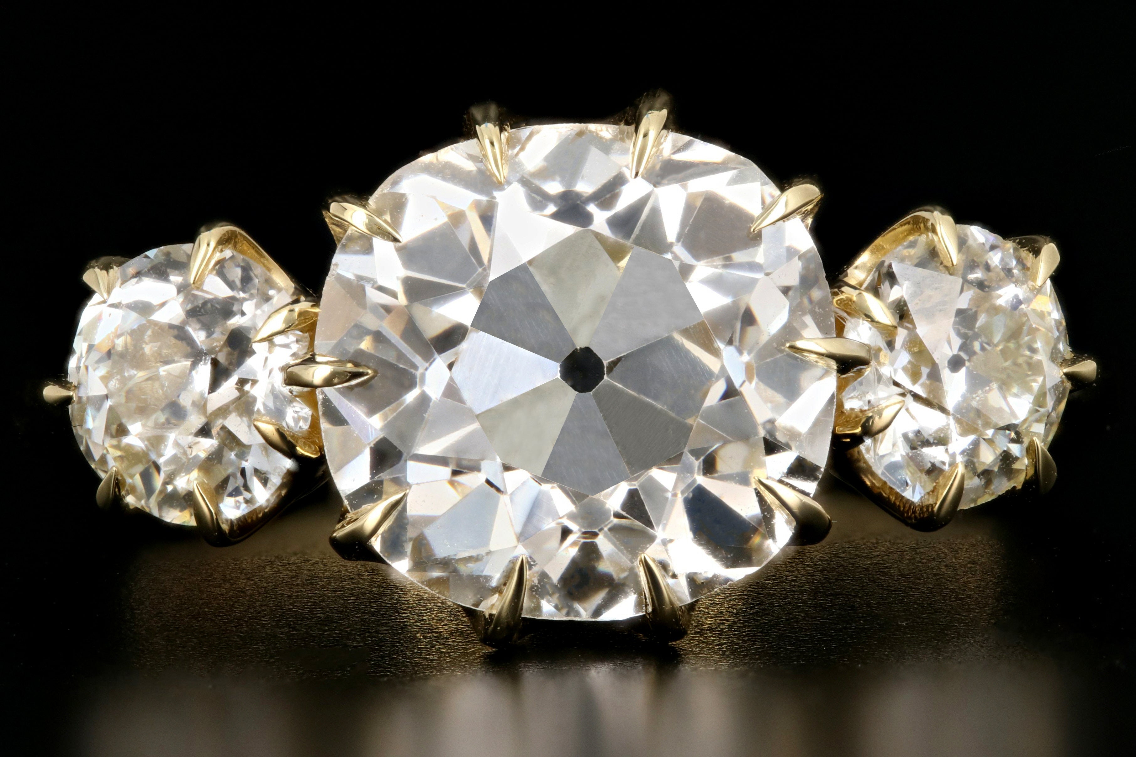 18K Yellow Gold 2.89 Carat Old Mine Cut Diamond 3 Stone Ring - Queen May