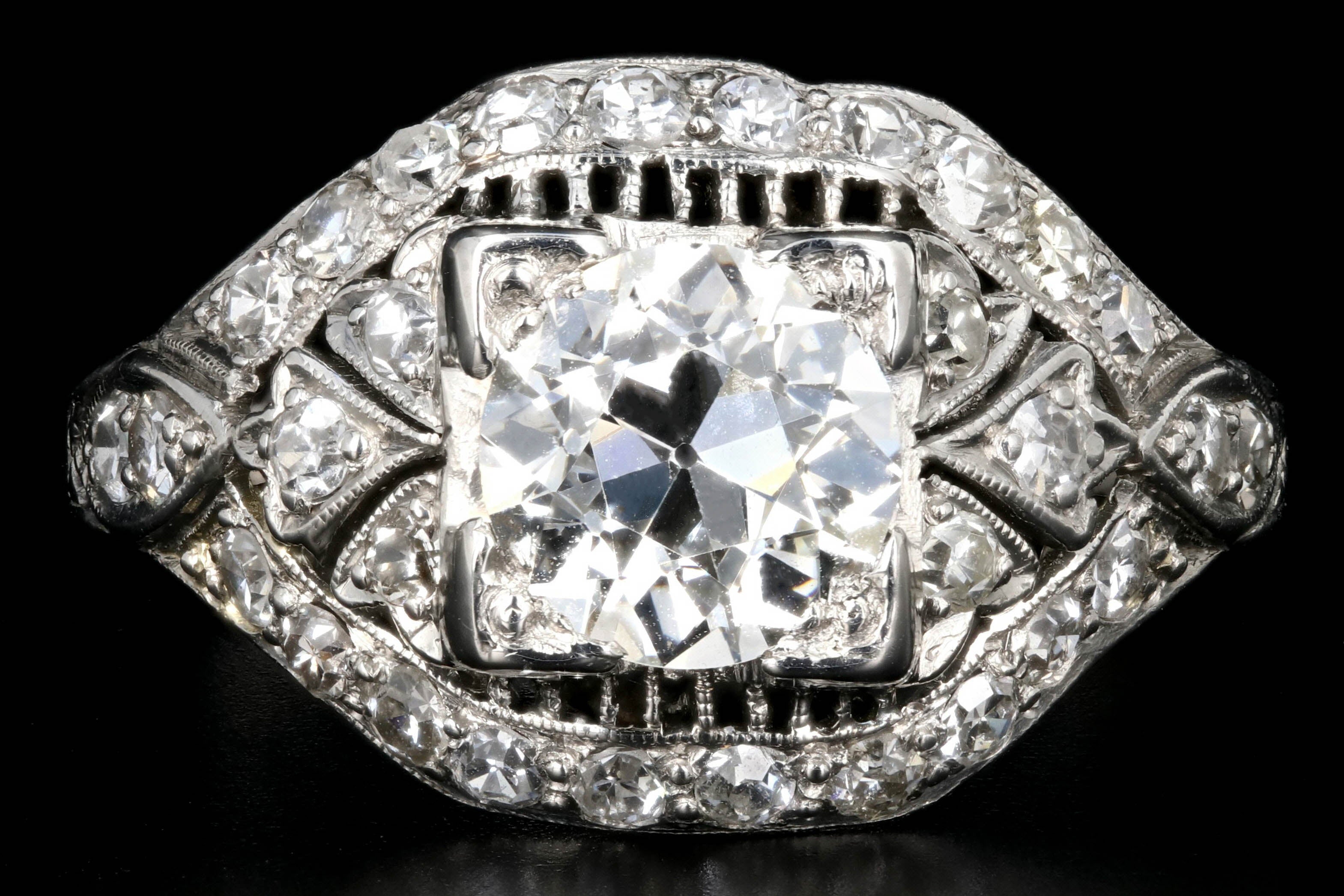 Art Deco Platinum EGL Certified 1.35 CT Old European Cut Filigree Engagement Ring - Queen May