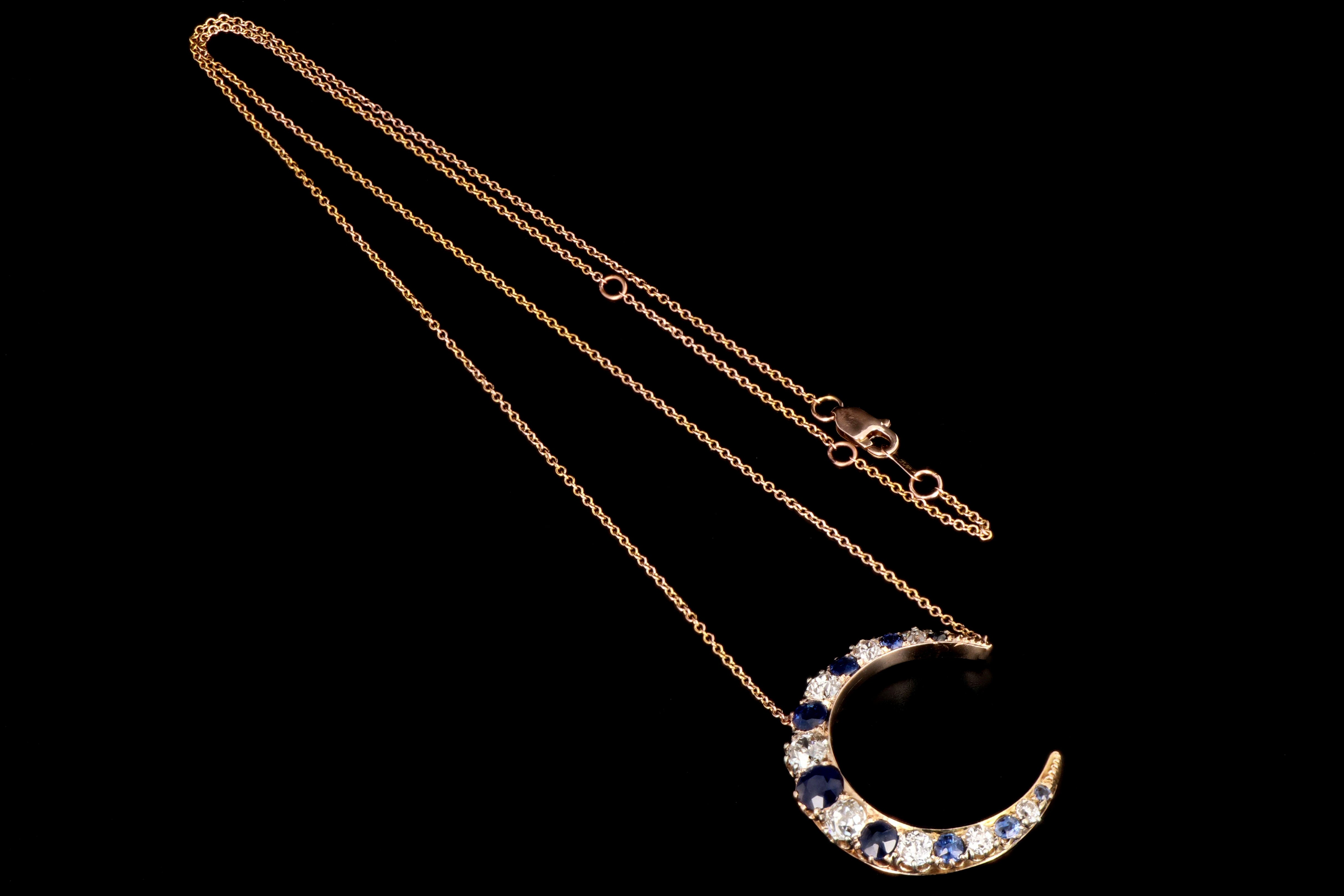 Victorian 14K Rose Gold Crescent Moon Diamond and Sapphire Necklace - Queen May