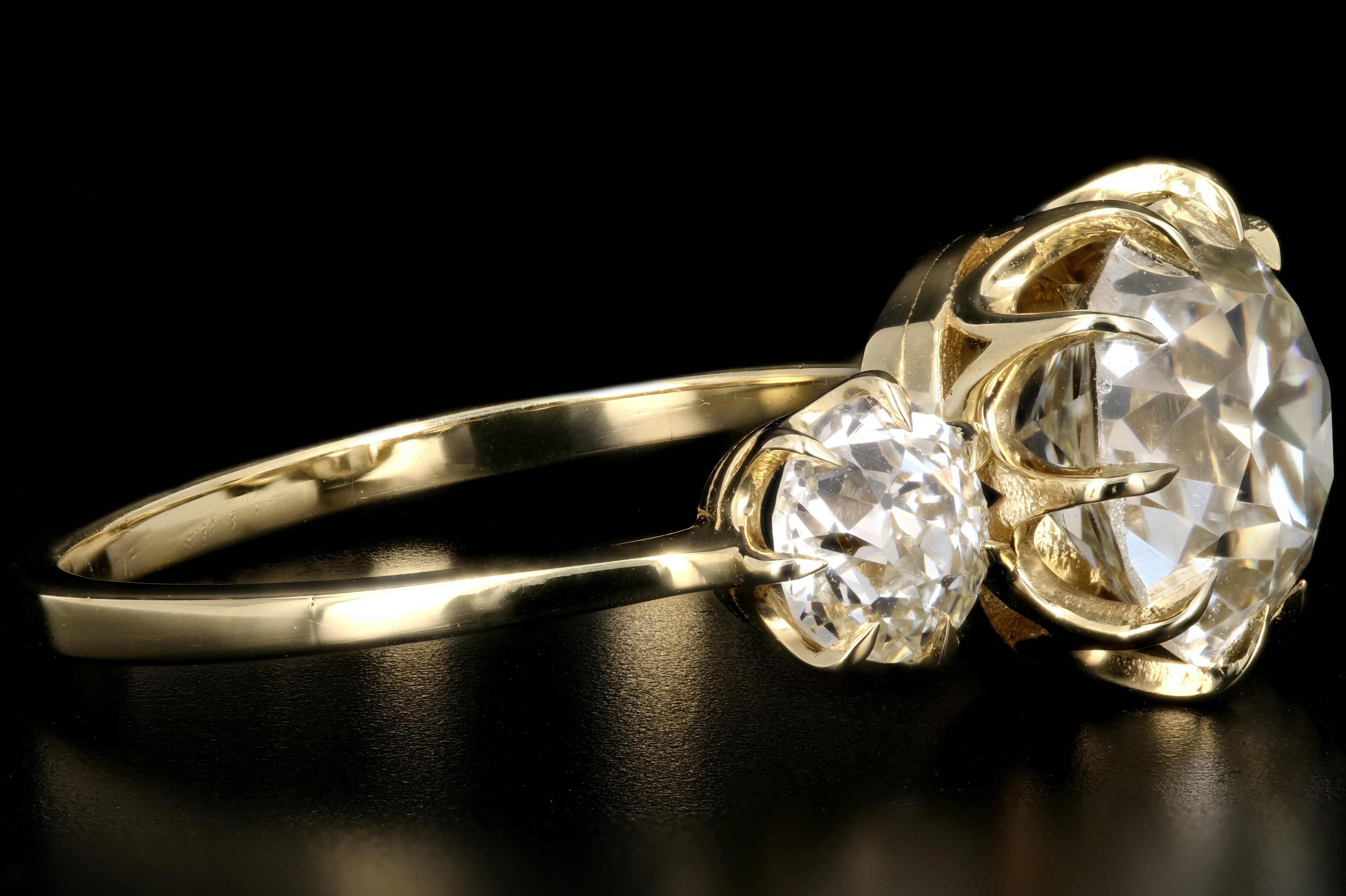 18K Yellow Gold 2.89 Carat Old Mine Cut Diamond 3 Stone Ring - Queen May