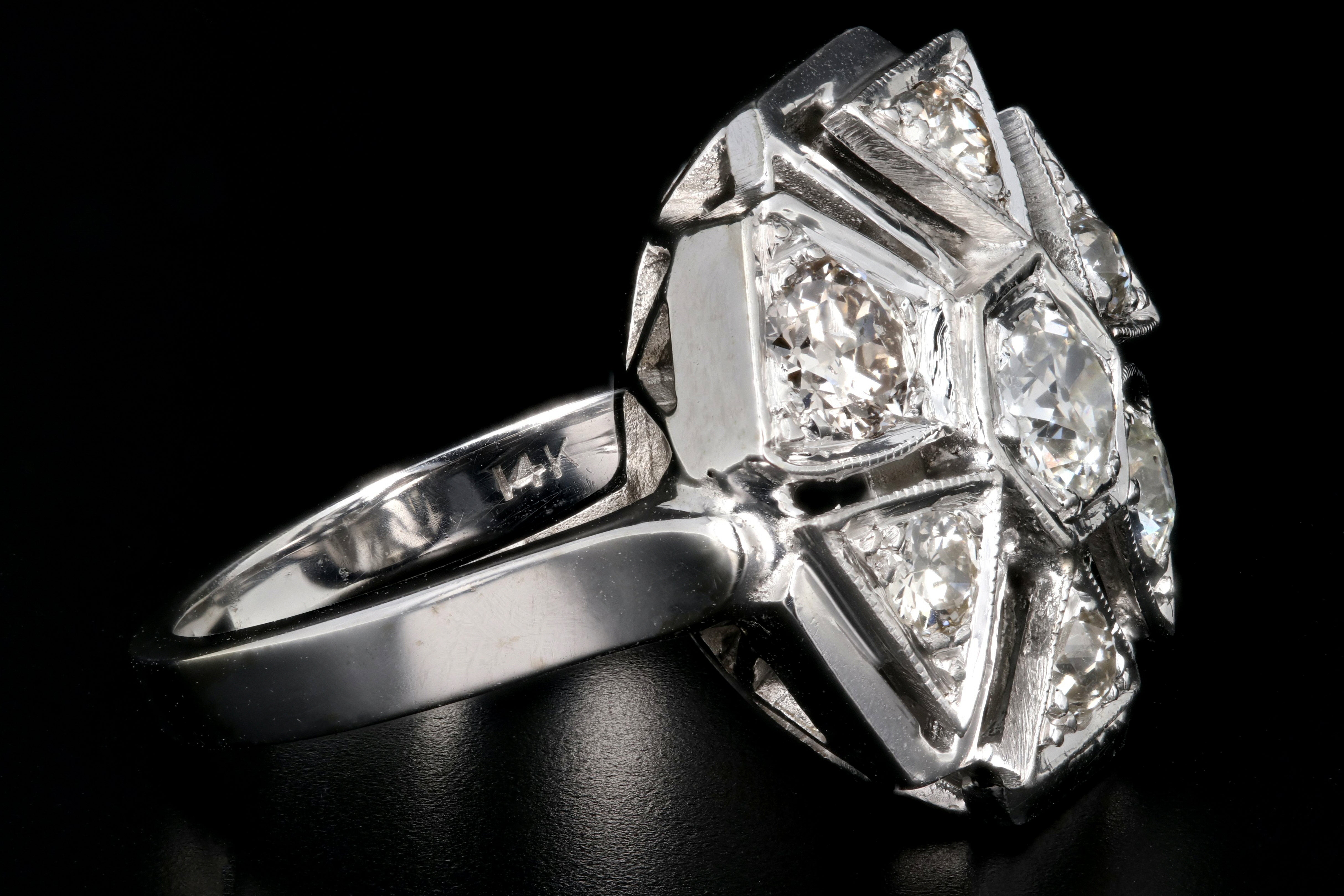 Art Deco 14K White Gold .97 Carat Diamond Cluster Ring - Queen May
