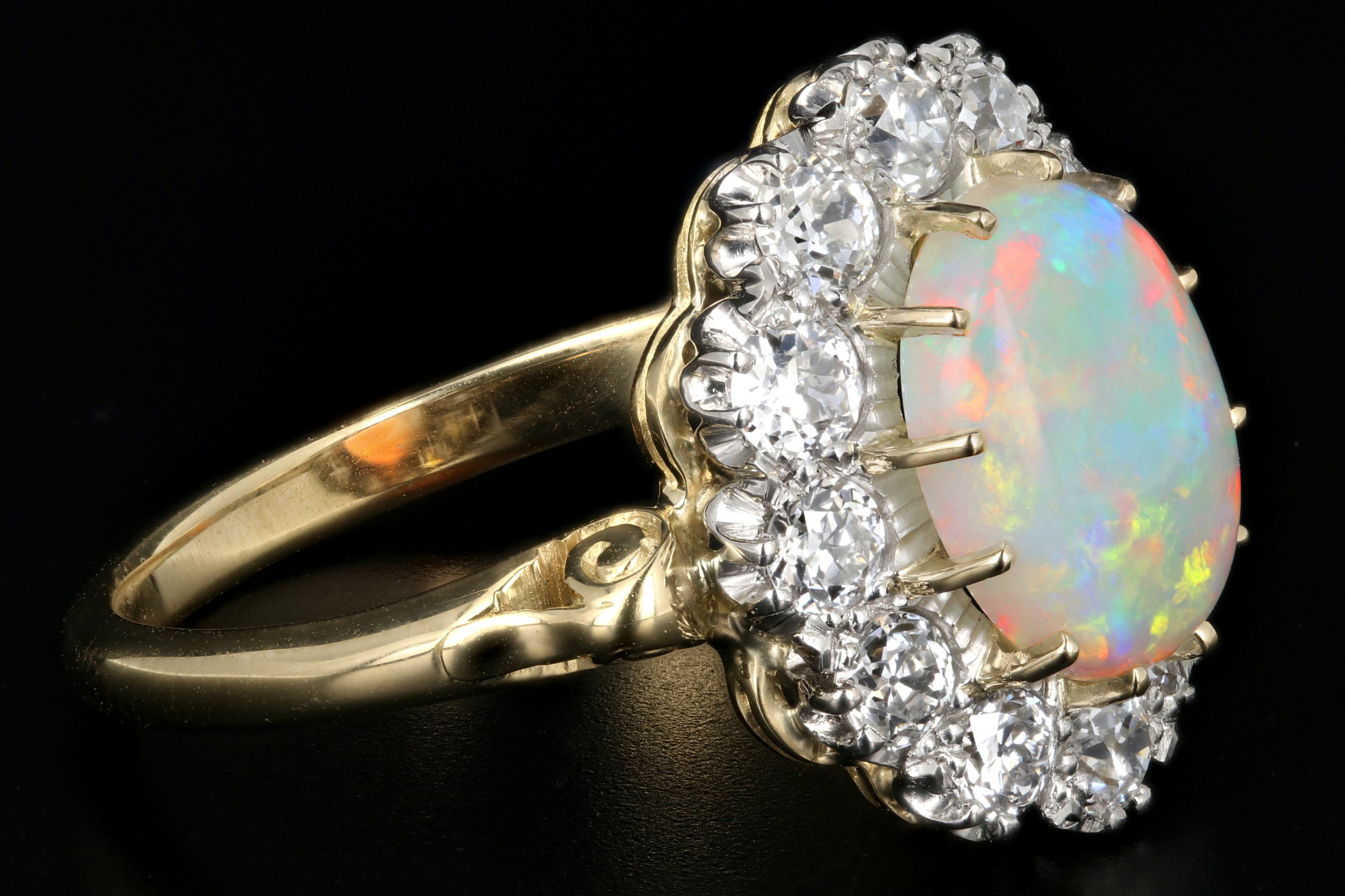 Victorian Style 18K Yellow Gold and Platinum 1.68 Carat Oval Cut Opal and Diamond Ring - Queen May