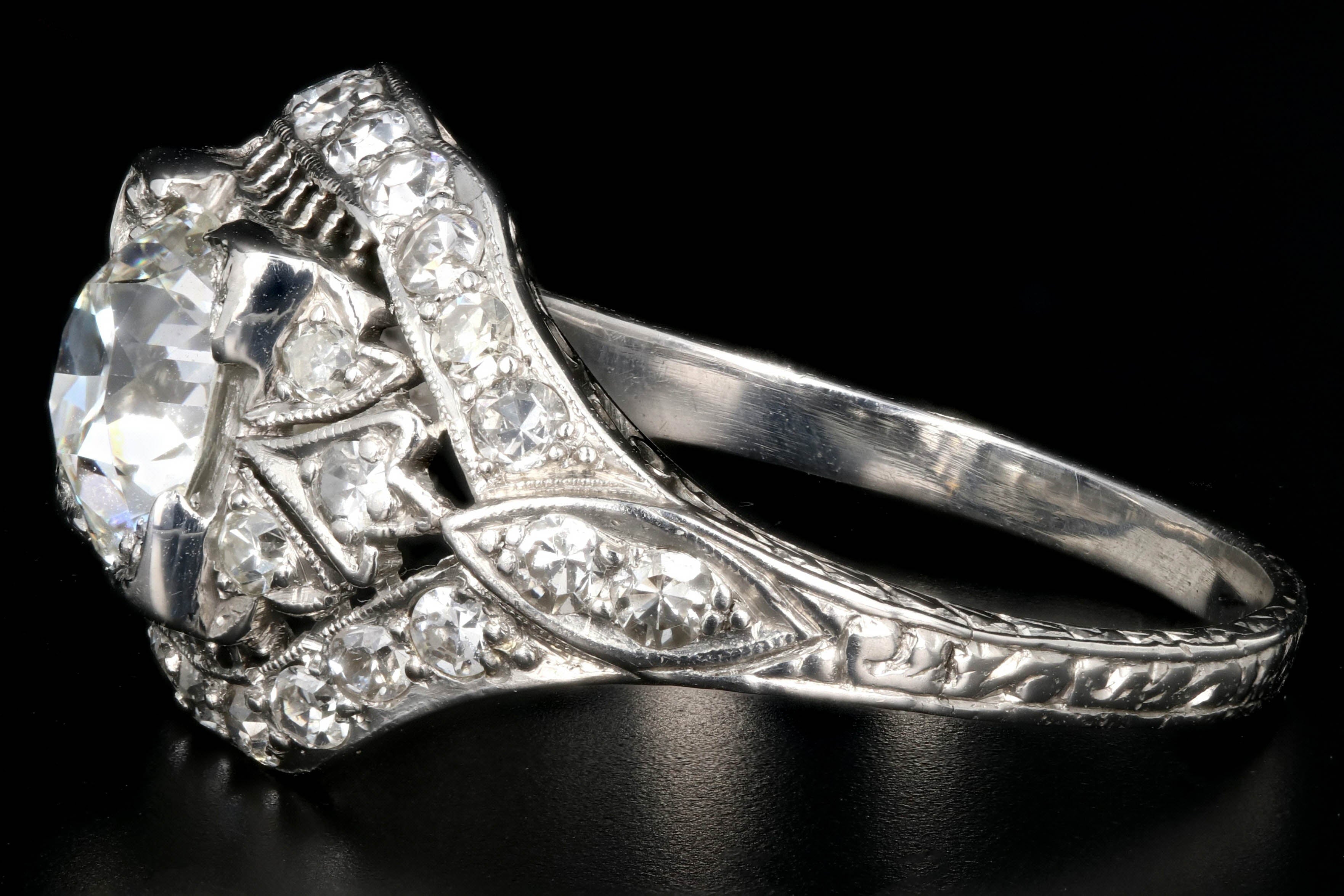 Art Deco Platinum EGL Certified 1.35 CT Old European Cut Filigree Engagement Ring - Queen May