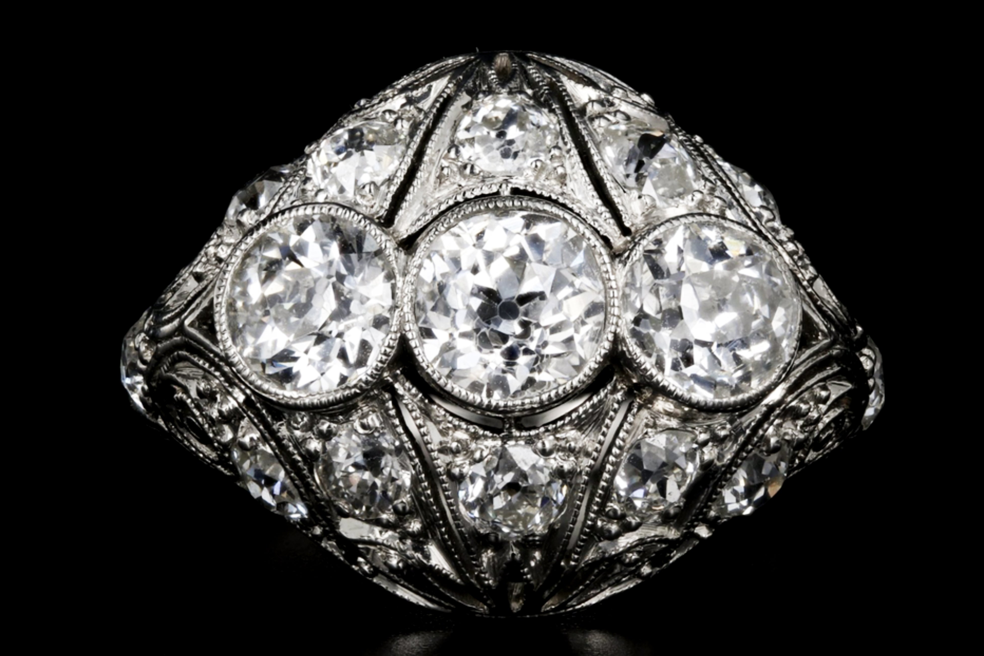 Art Deco Platinum 2.53 Carat Total Weight Three Stone Diamond Ring - Queen May
