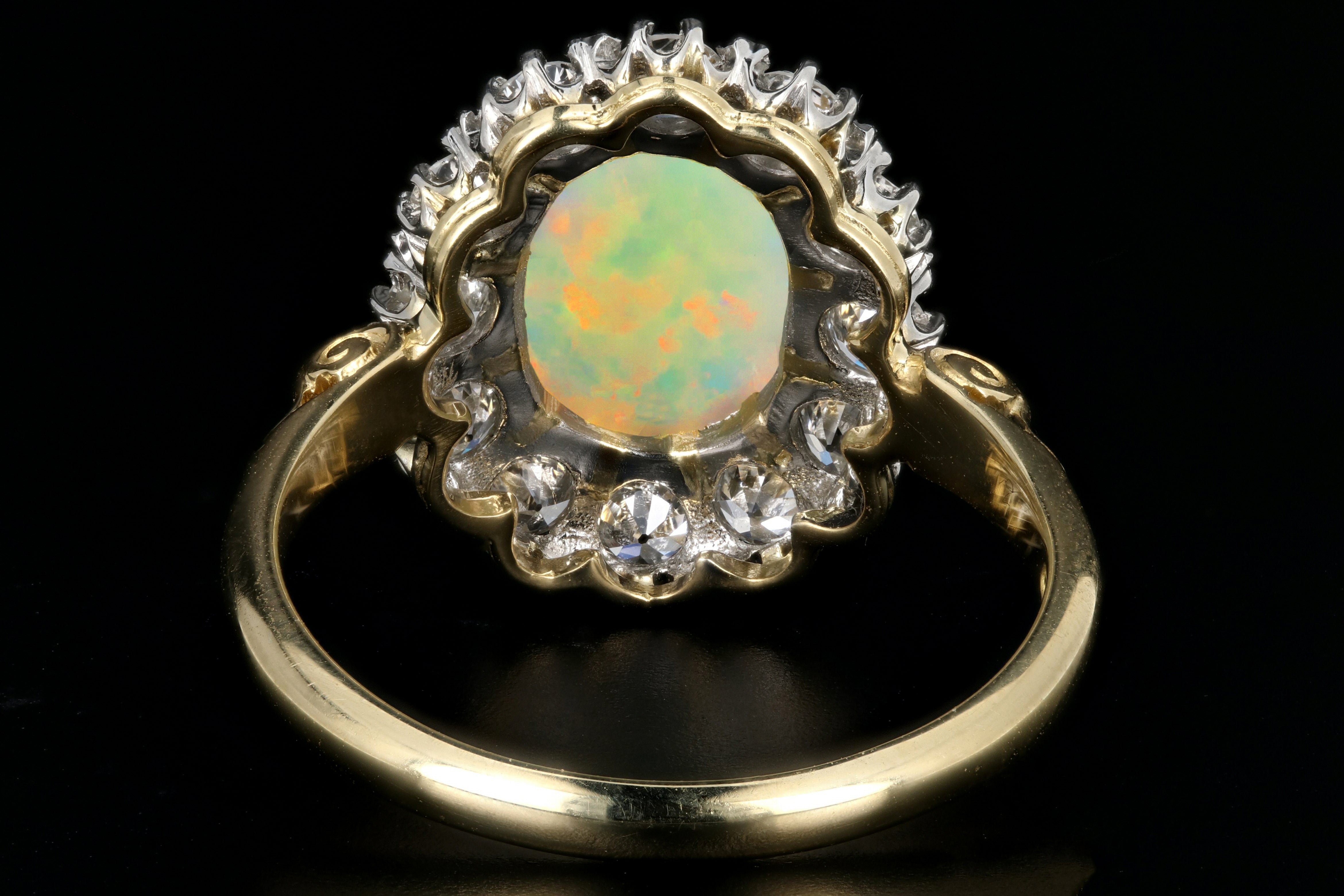 Victorian Style 18K Yellow Gold and Platinum 1.68 Carat Oval Cut Opal and Diamond Ring - Queen May