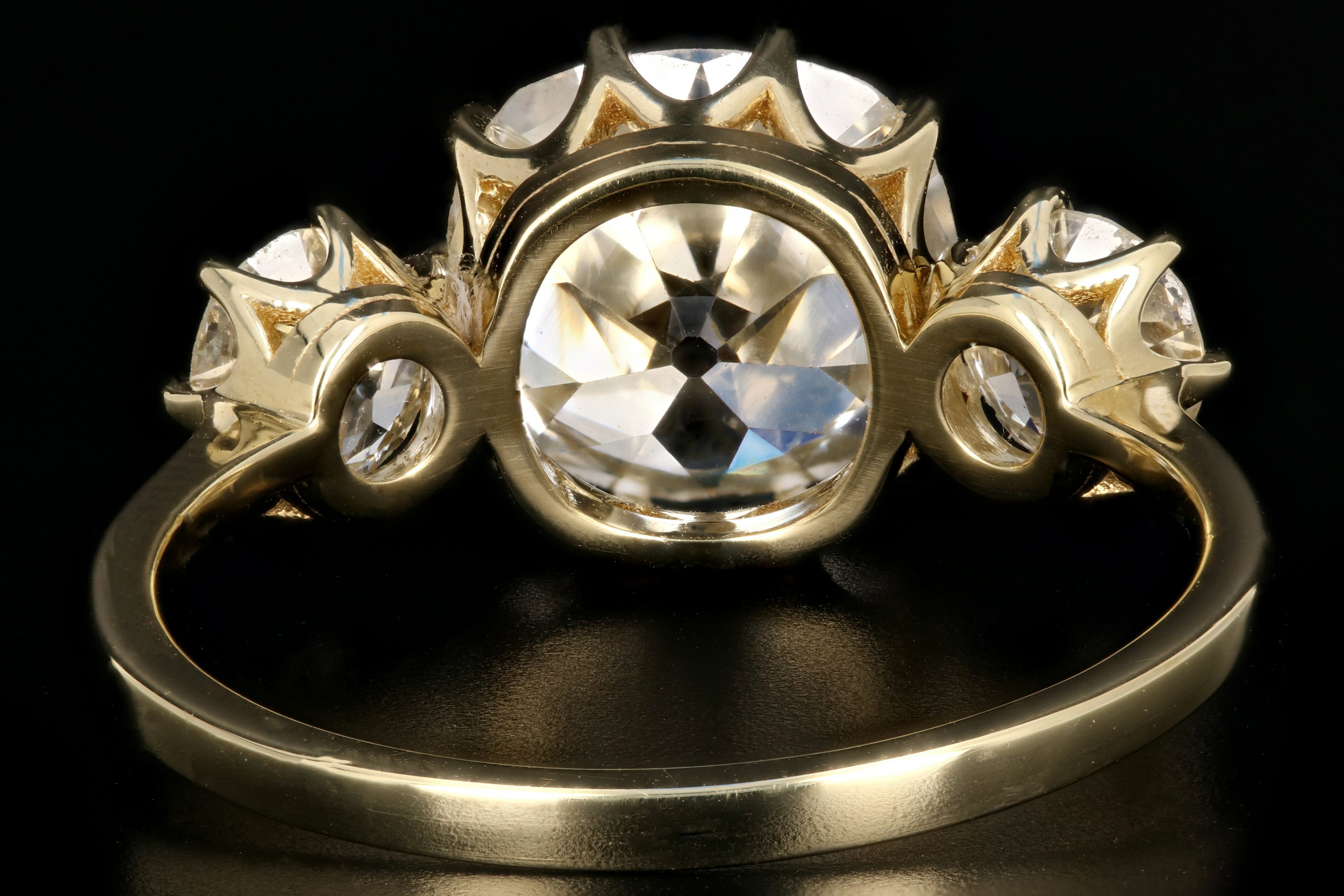 18K Yellow Gold 2.89 Carat Old Mine Cut Diamond 3 Stone Ring - Queen May