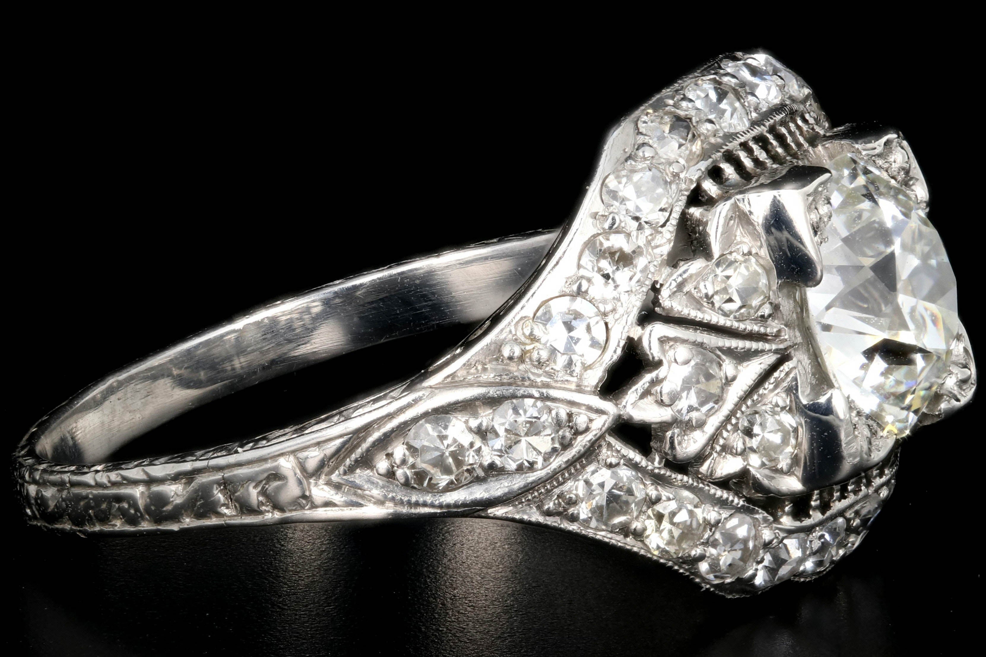 Art Deco Platinum EGL Certified 1.35 CT Old European Cut Filigree Engagement Ring - Queen May