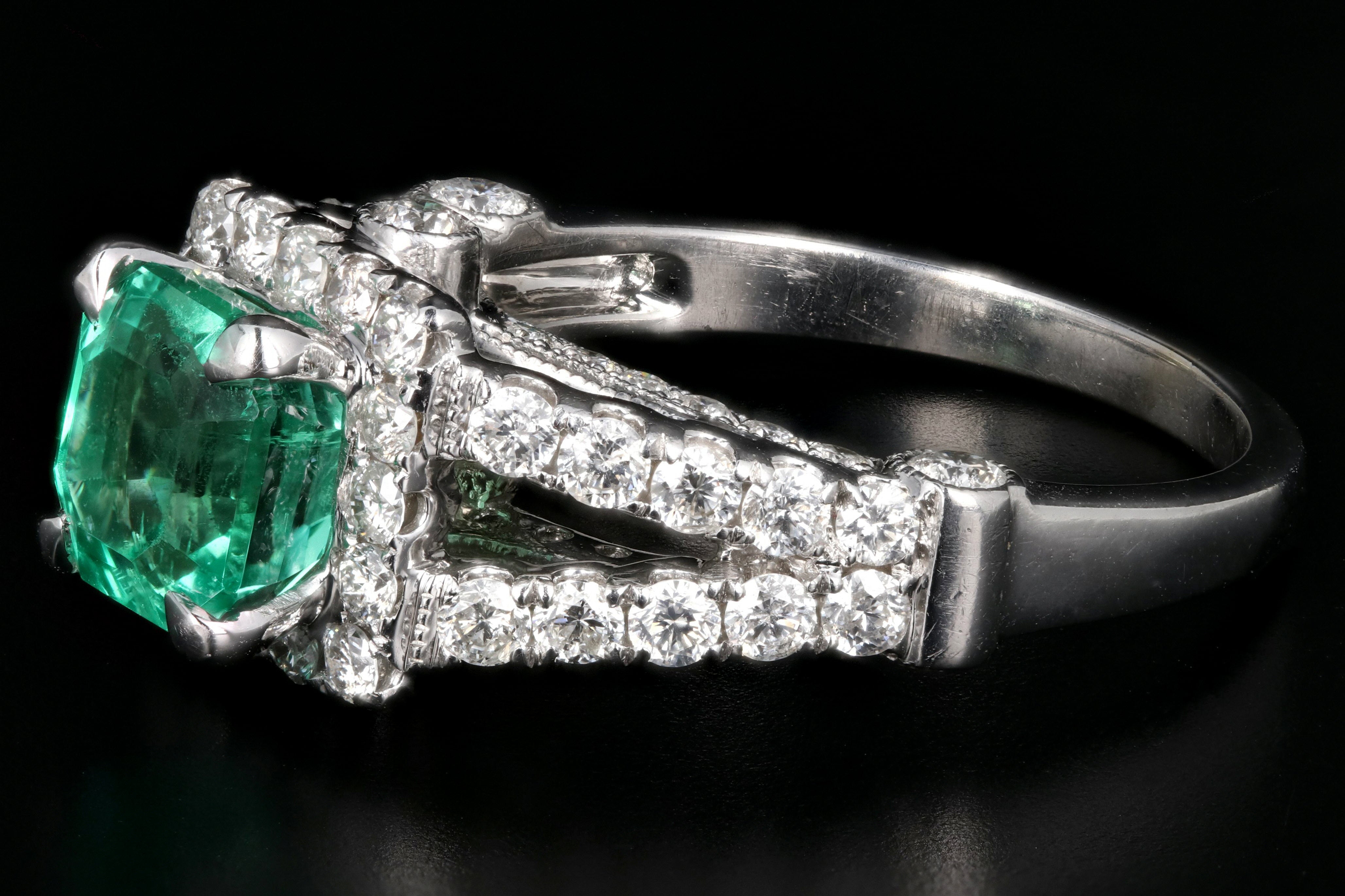 Modern 14K White Gold 1.81CT Colombian Emerald and Diamond Ring GIA Certified - Queen May